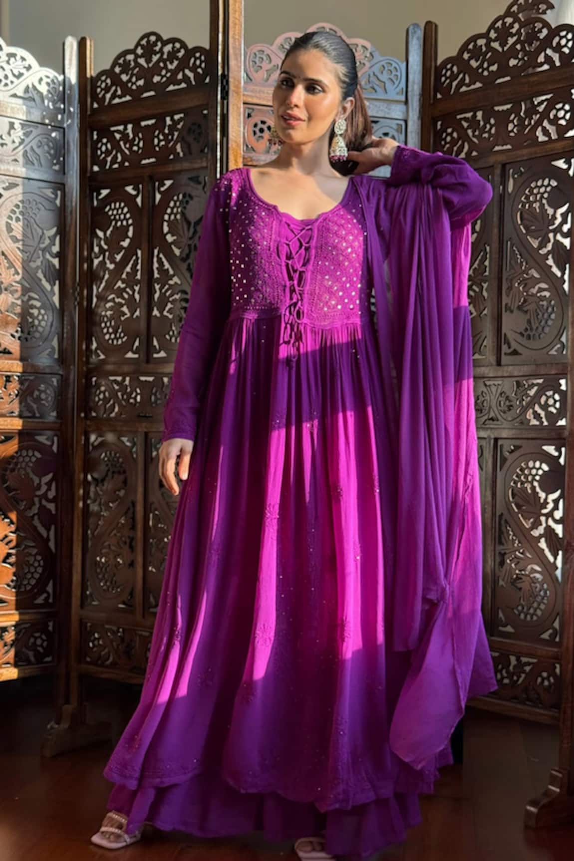 Label Aishwaryrika Purple Rose Chikankari Anarkali Set 