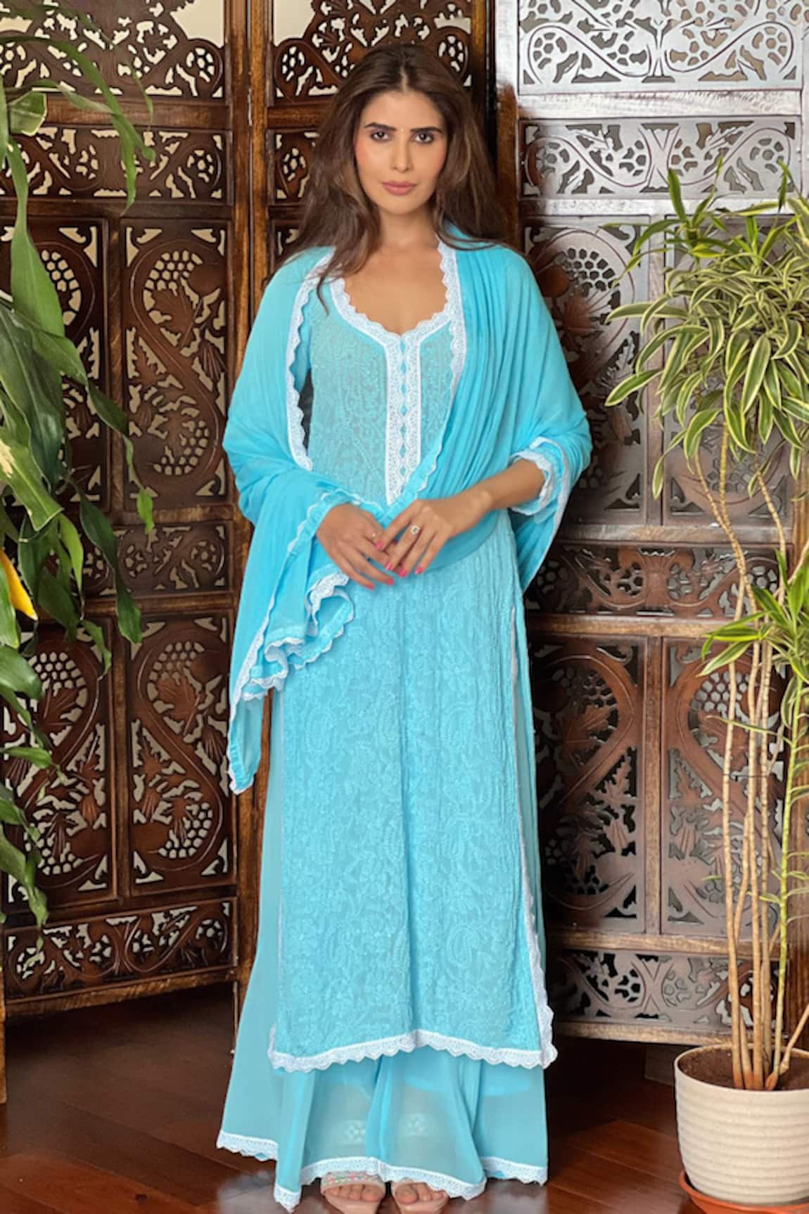 Label Aishwaryrika Opal Sky Chikankari Lace Kurta Set 