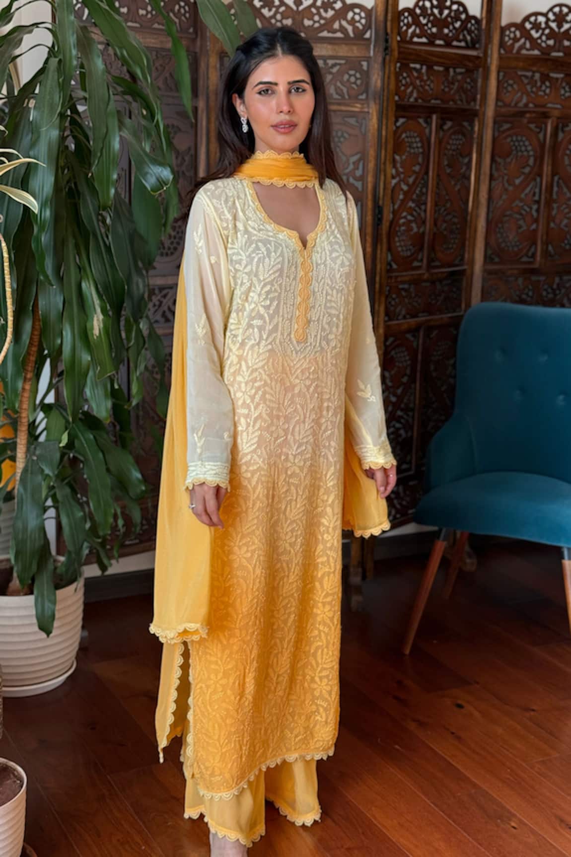 Label Aishwaryrika Sunshine Yellow Chikankari Lace Kurta Set 