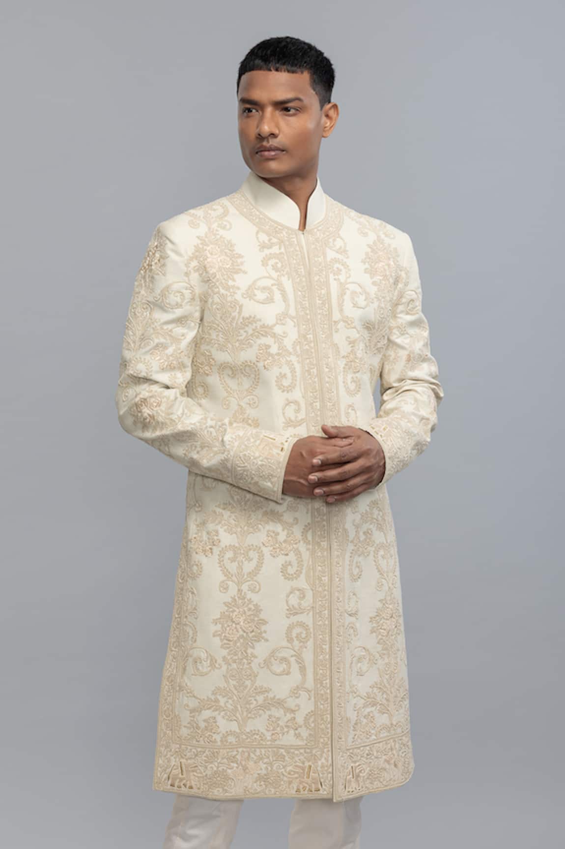 Rohit Bal Ivory Embroidered Matka Silk Sherwani 