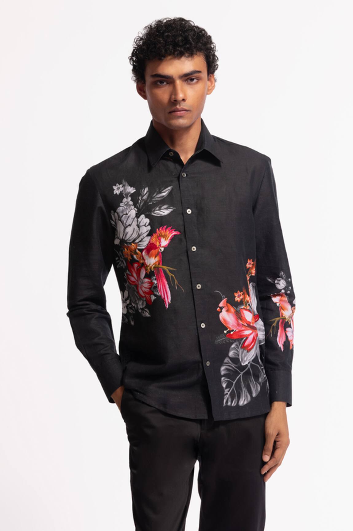 Rohit Bal Black Embroidered Poplin Shirt 