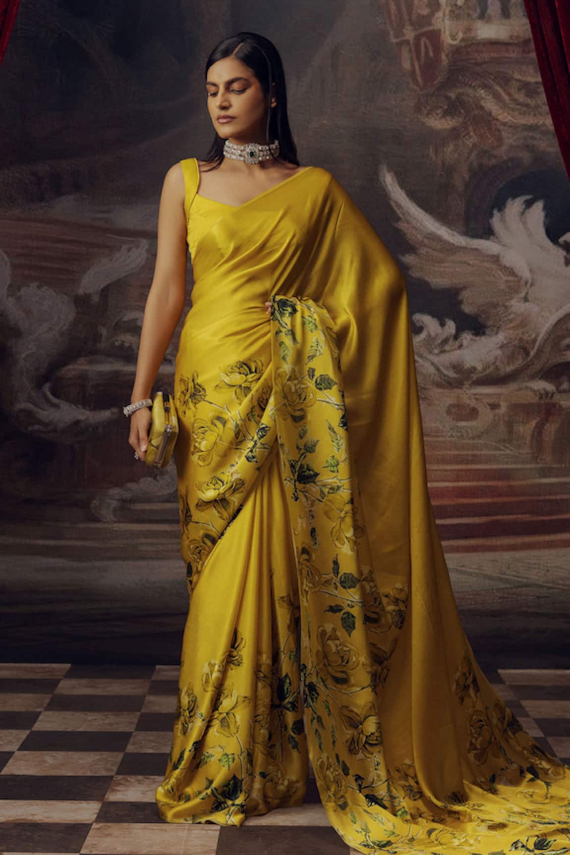 Studio 113 Canary Yellow Designer Satin Silk Saree 