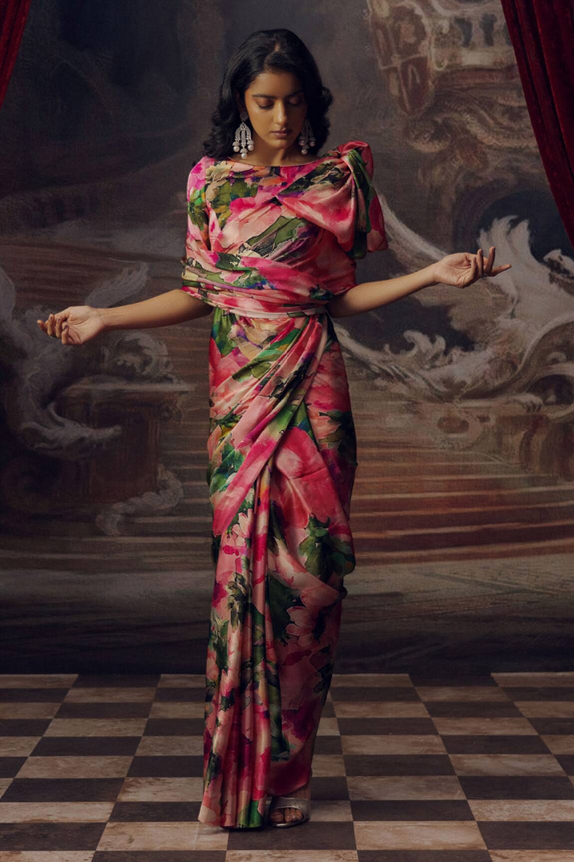 Studio 113 Floral Print Satin Silk Designer Saree 