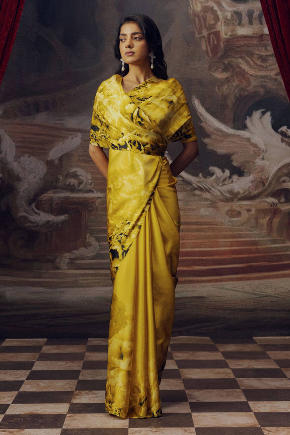 Studio 113 Canary Yellow Satin Silk Designer Saree 