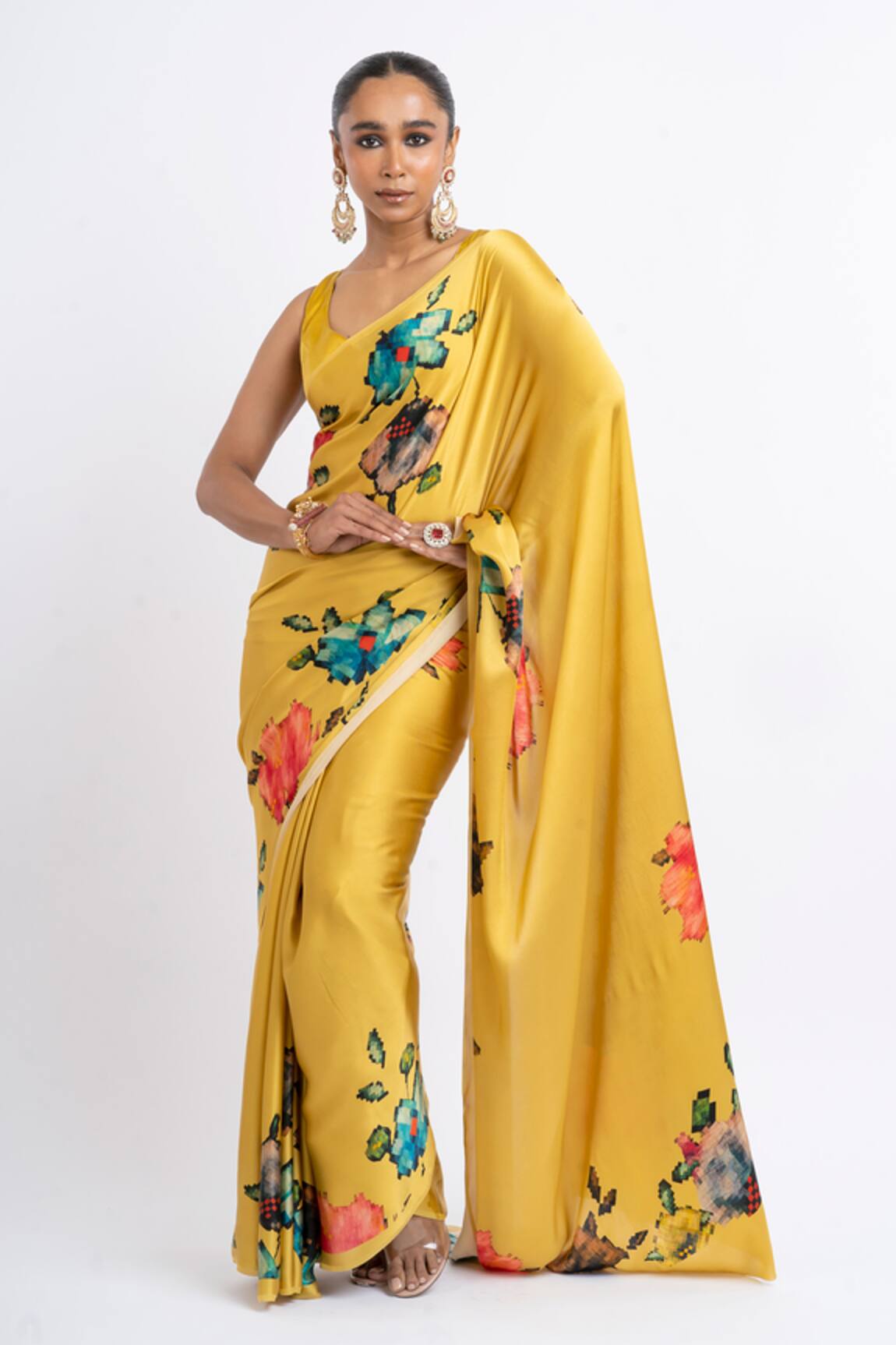 Studio 113 Floral Satin Silk Amber Yellow Saree 