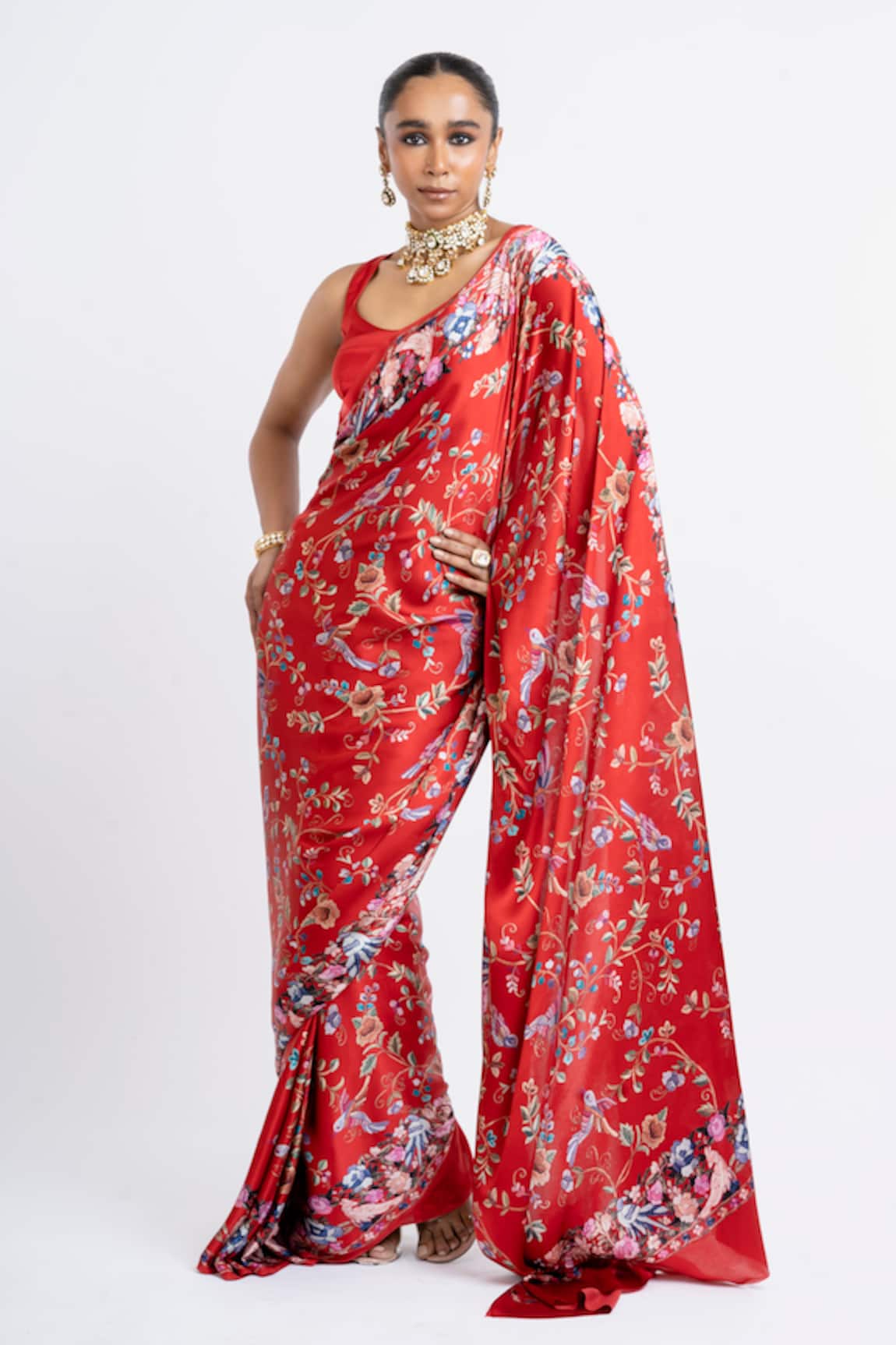 Studio 113 Floral Satin Silk Red Saree 
