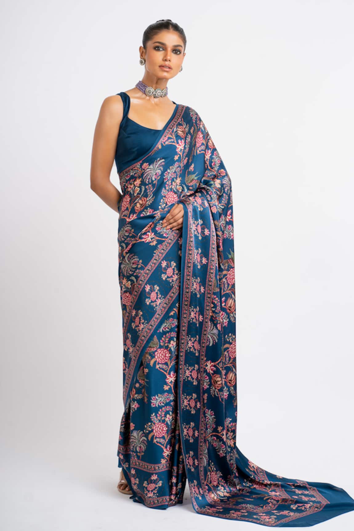 Studio 113 Prussian Blue Floral Satin Silk Saree 