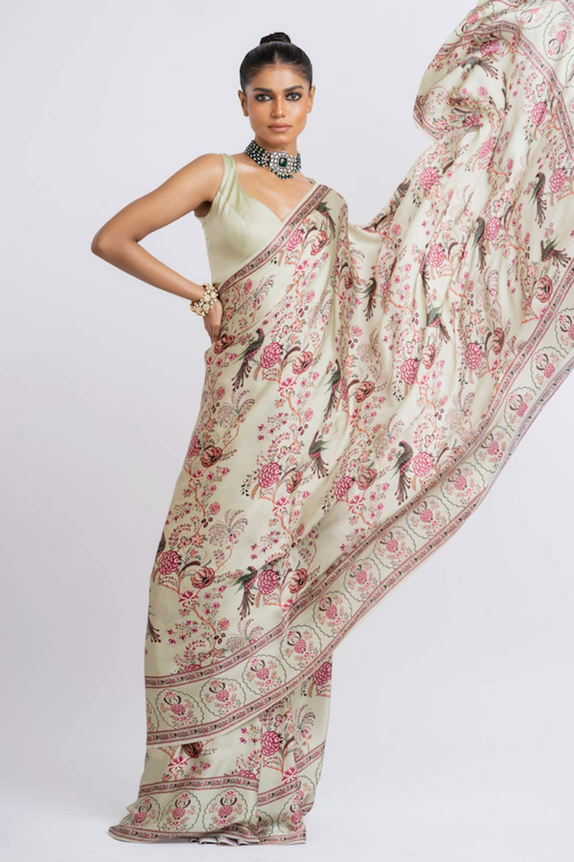 Studio 113 Floral Mist Green Satin Silk Saree 