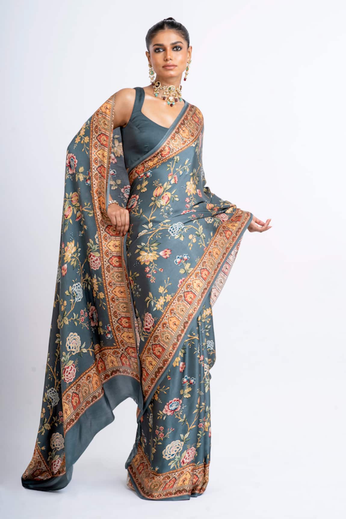 Studio 113 Charcoal Grey Satin Silk Saree 