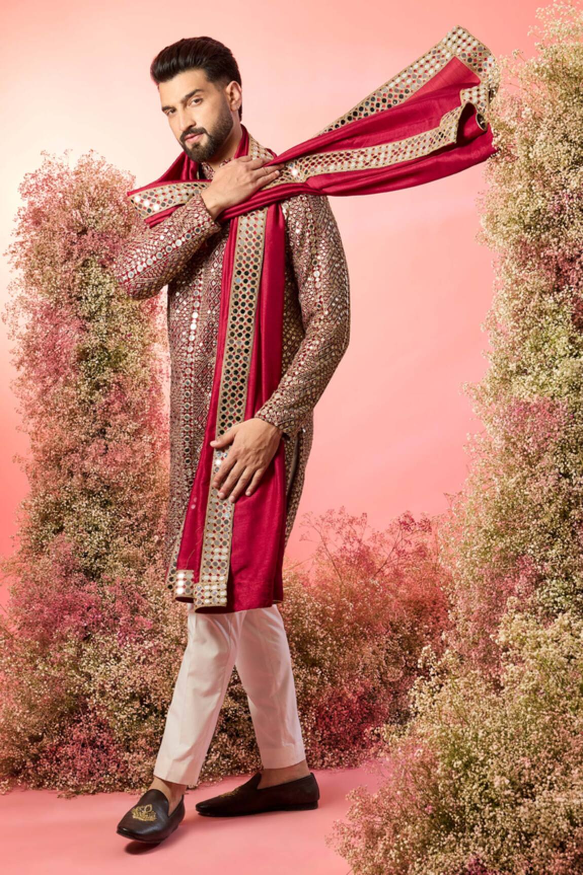 Kasbah Maroon Mirror Work Kurta With Stole 
