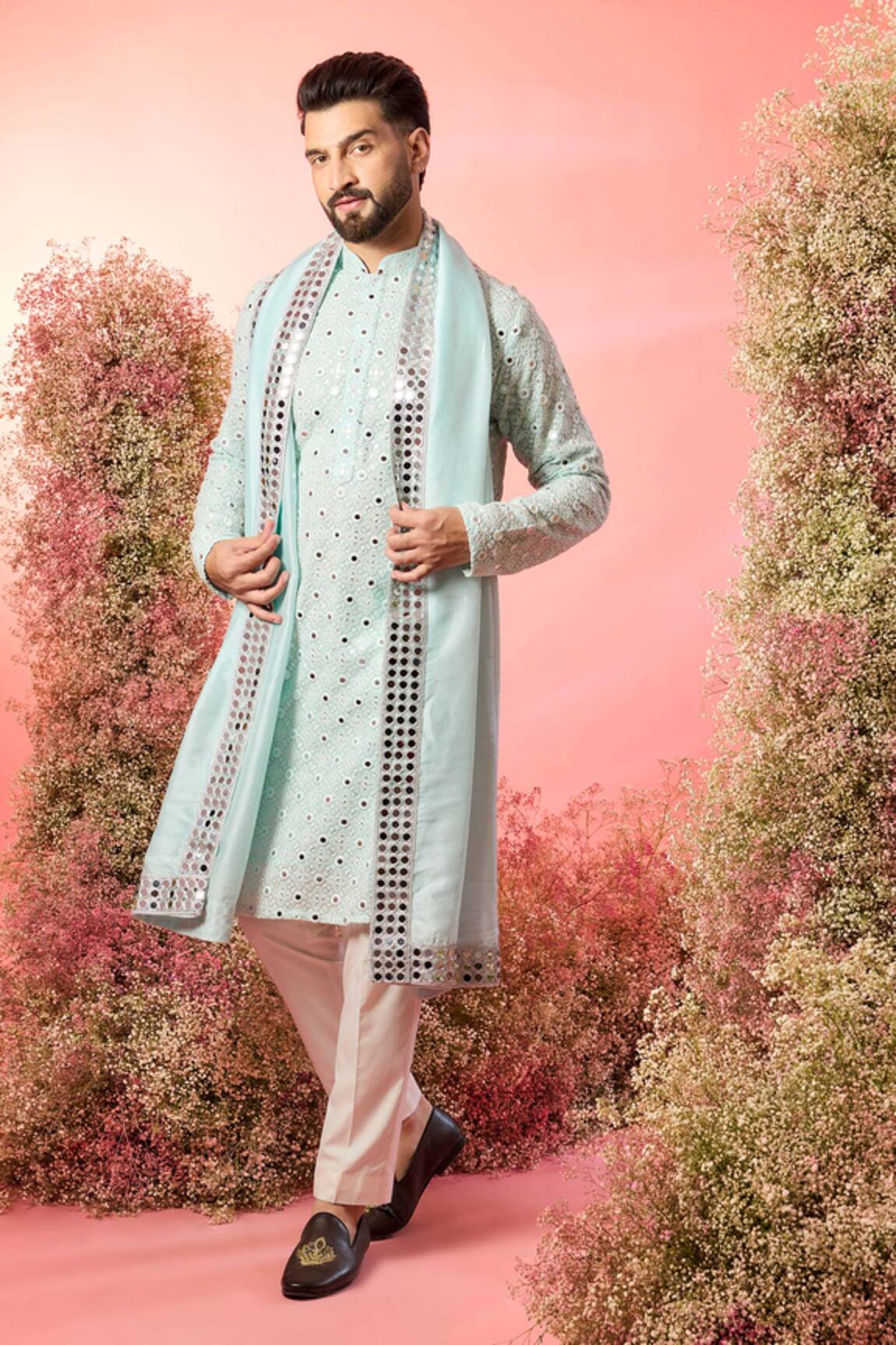 Kasbah Powder Blue Mirror Work Kurta & Stole 