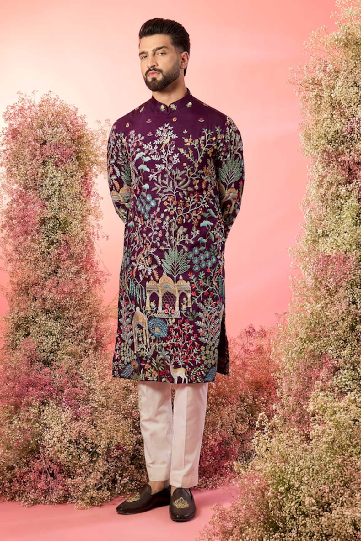 Kasbah Wine Thread Work Kurta With Embroidery