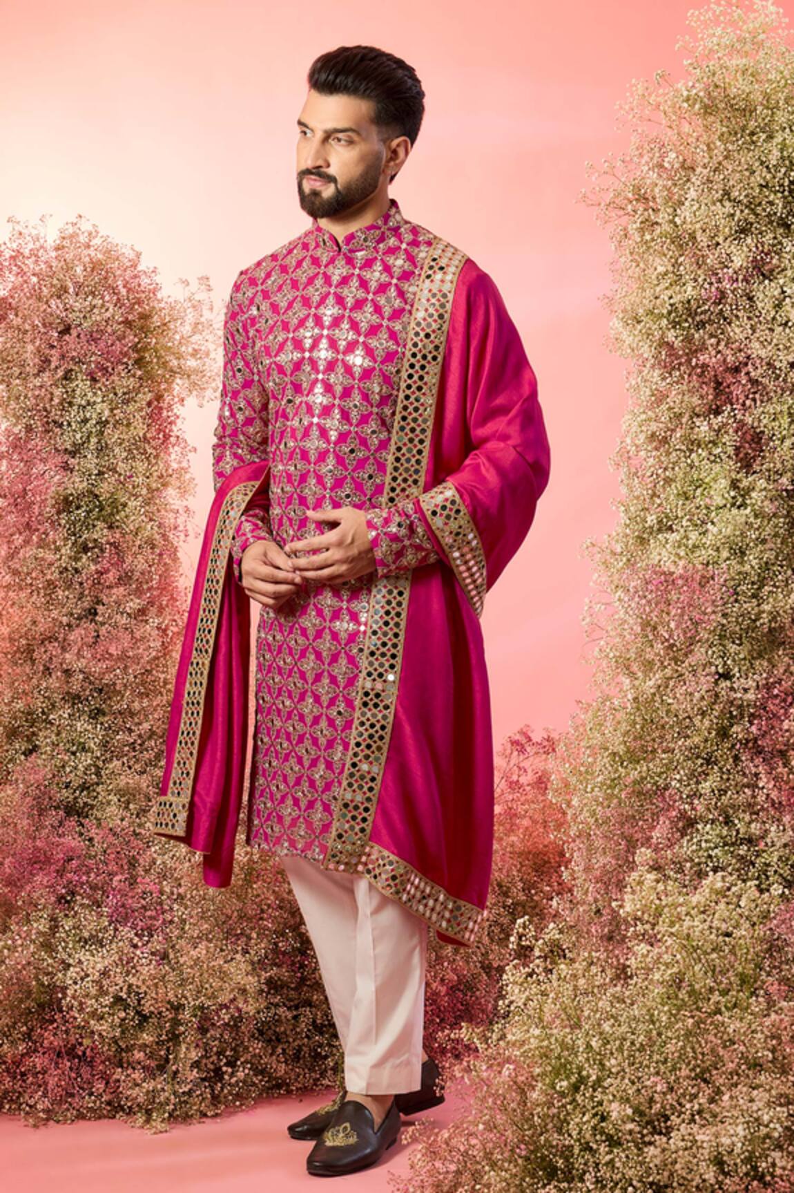 Kasbah Hot Pink Mirror Work Kurta & Stole 