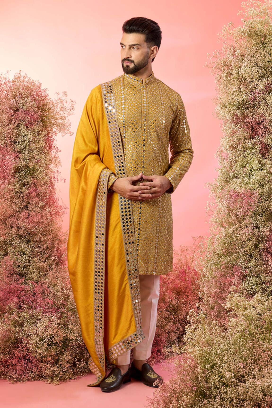 Kasbah Mustard Mirror Work Kurta With Stole 
