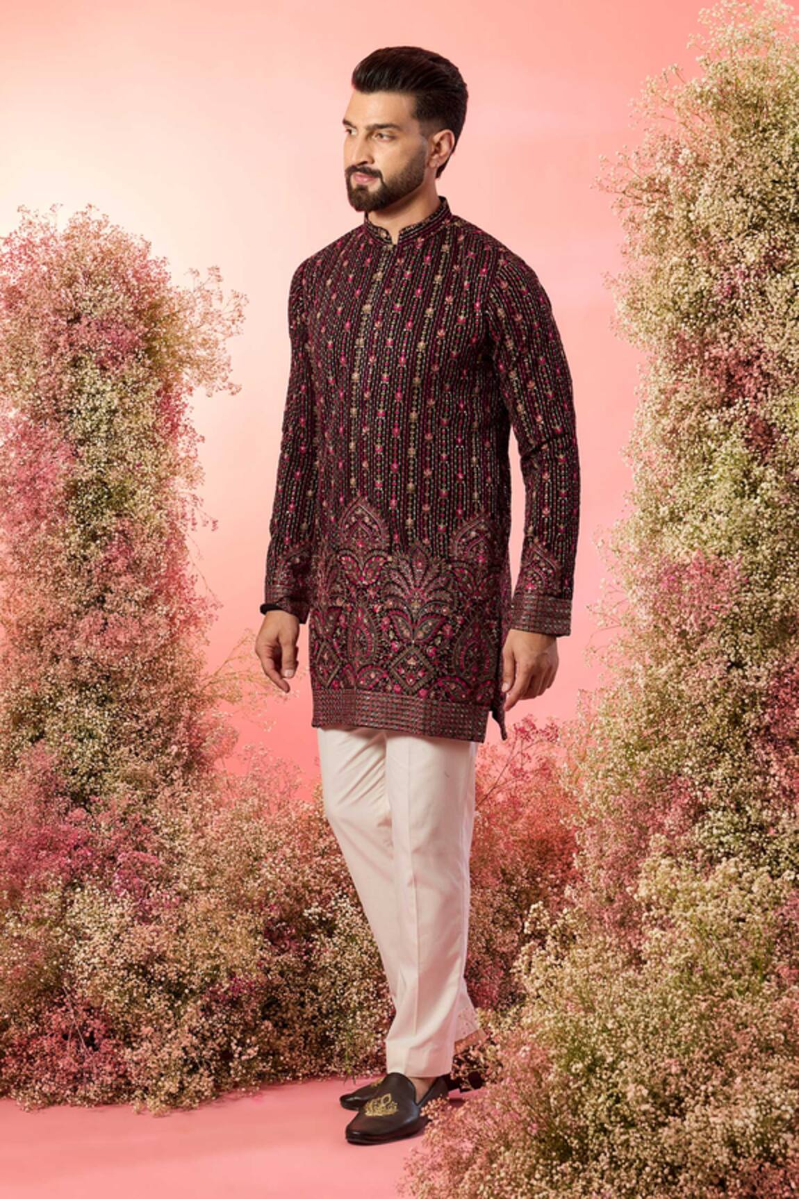 Kasbah Black Short Kurta with Maroon Thread Work 