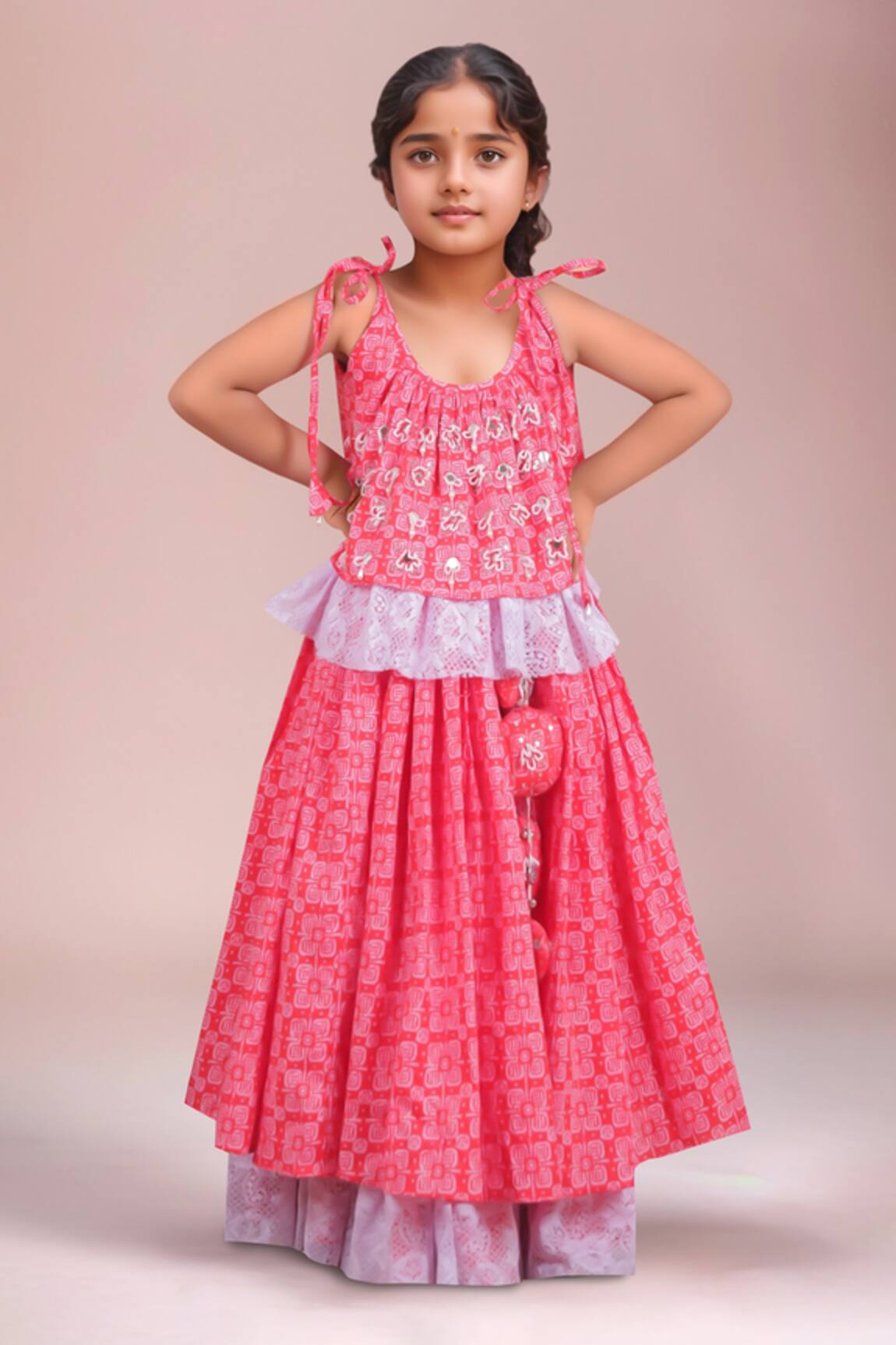 Turqidz By Shweta Aggarwal Hand Embroidered Ruffled Top & Lehenga Set 
