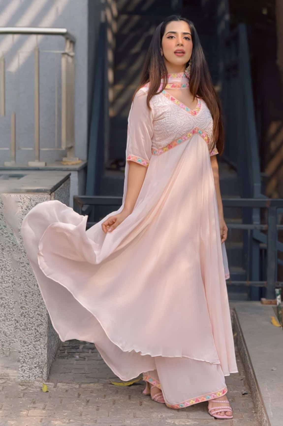 Label Aishwaryrika Muted Peach Chikankari Anarkali Set 