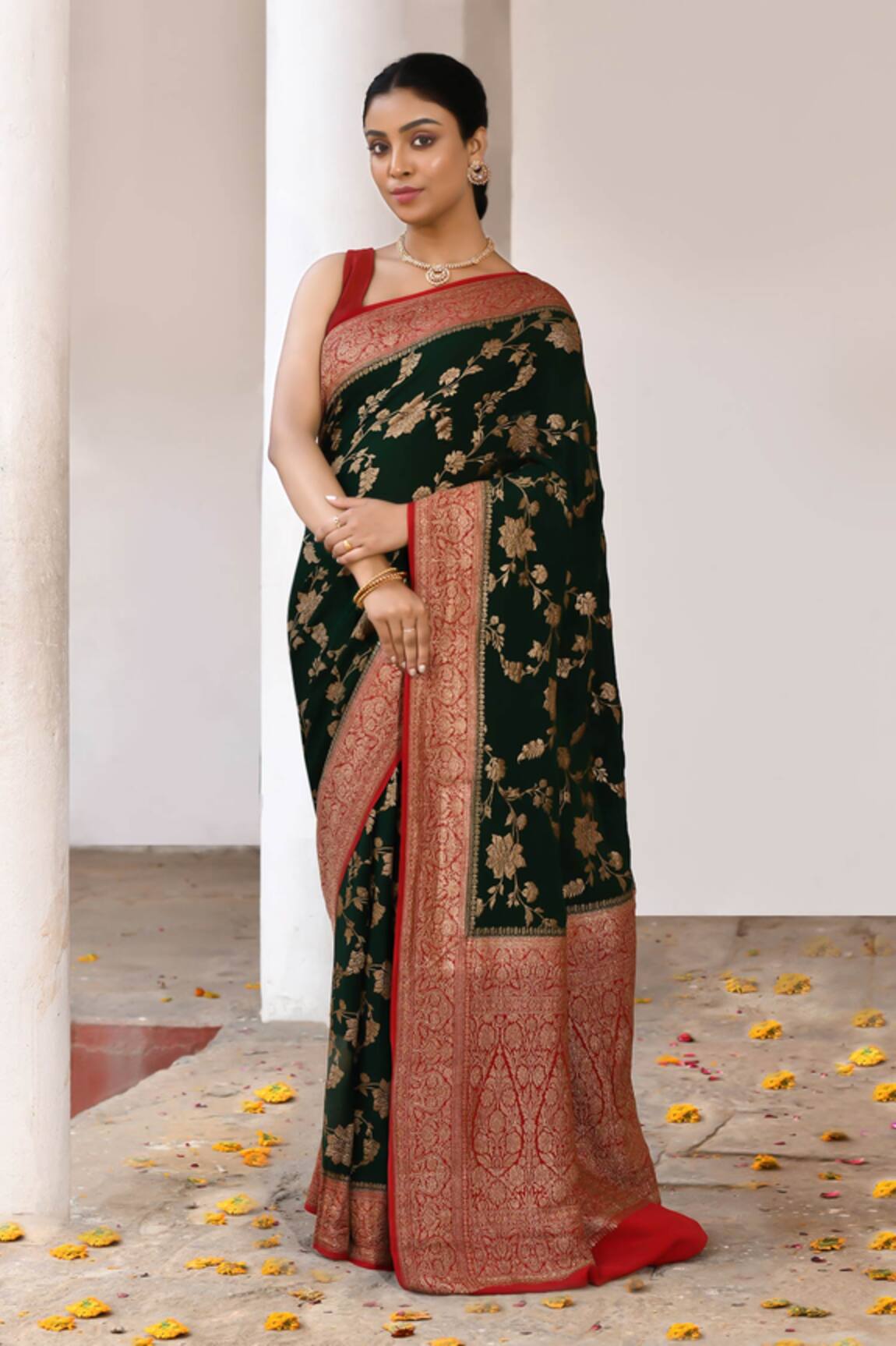 Naaritva India Handwoven Zari Work Green Banarasi Saree With Running Blouse 