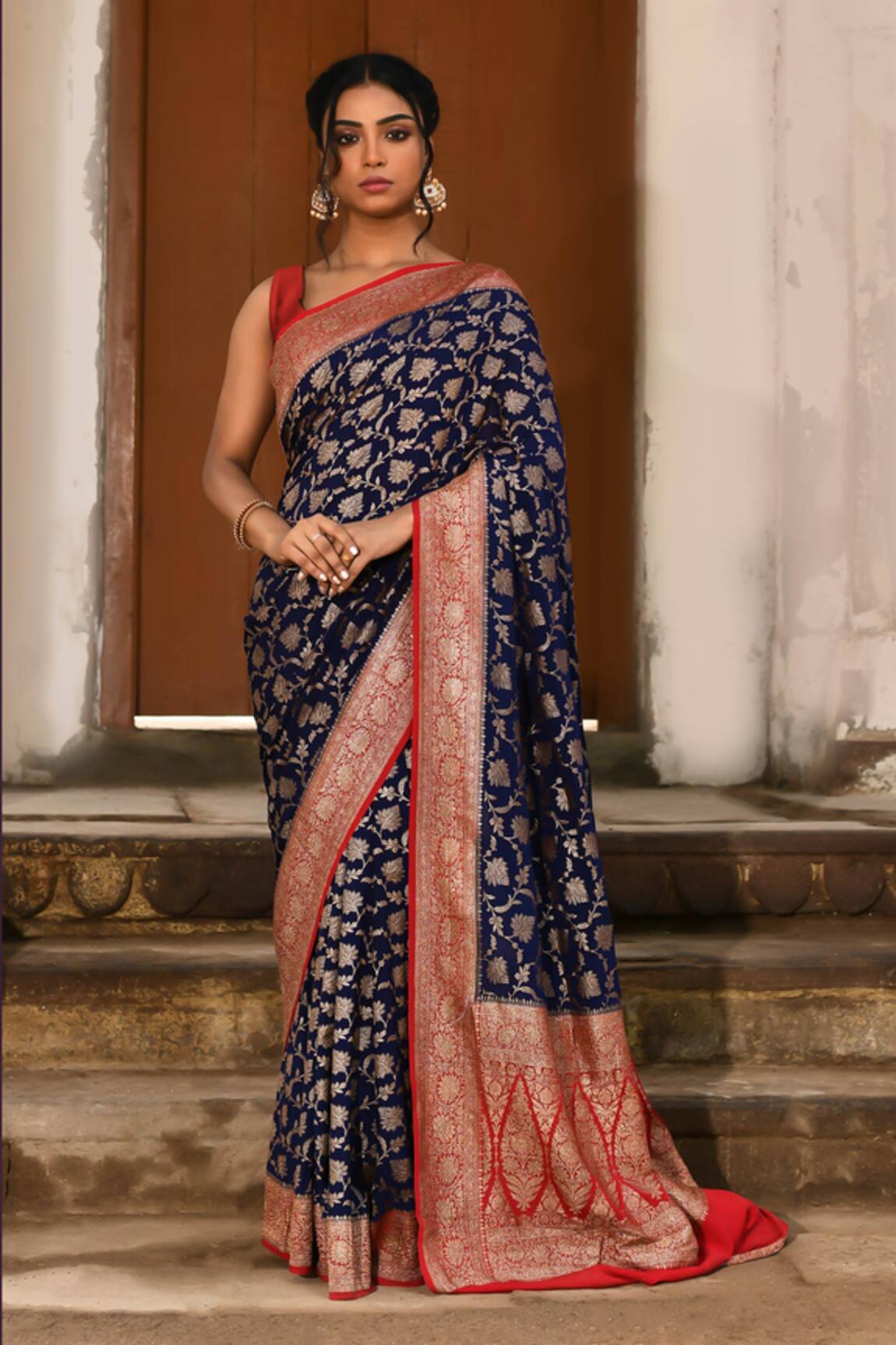 Naaritva India Navy Blue Handwoven Zari Banarasi Saree With Running Blouse 