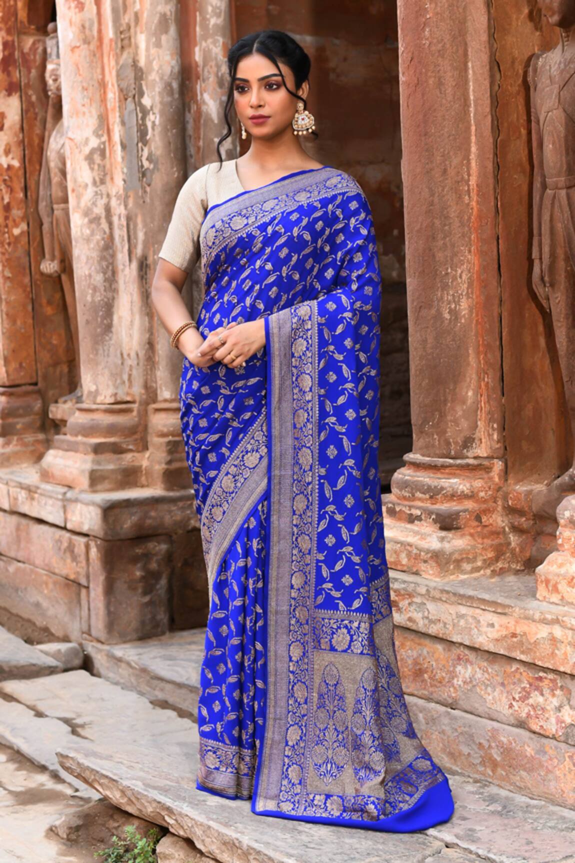 Naaritva India Handwoven Zari Work Blue Banarasi Saree With Running Blouse 