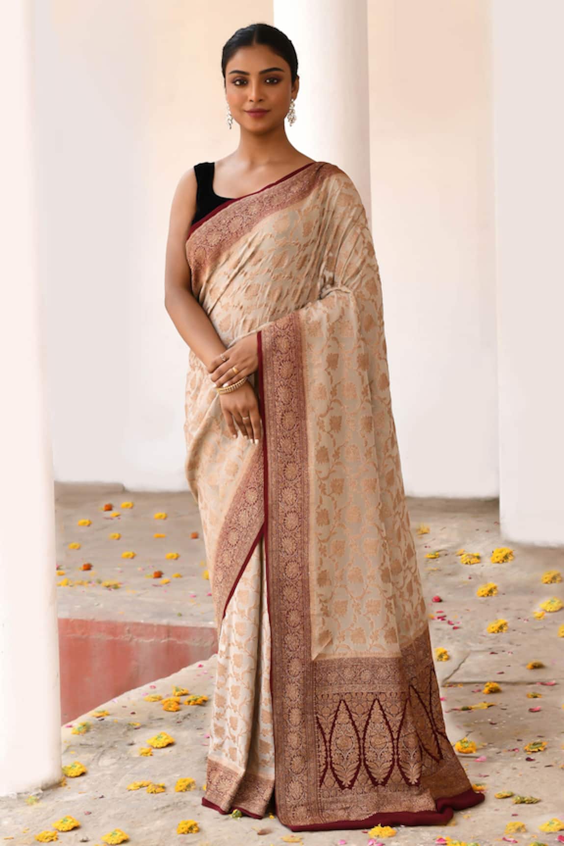 Naaritva India Handwoven Zari Work Cream Banarasi Saree With Running Blouse 