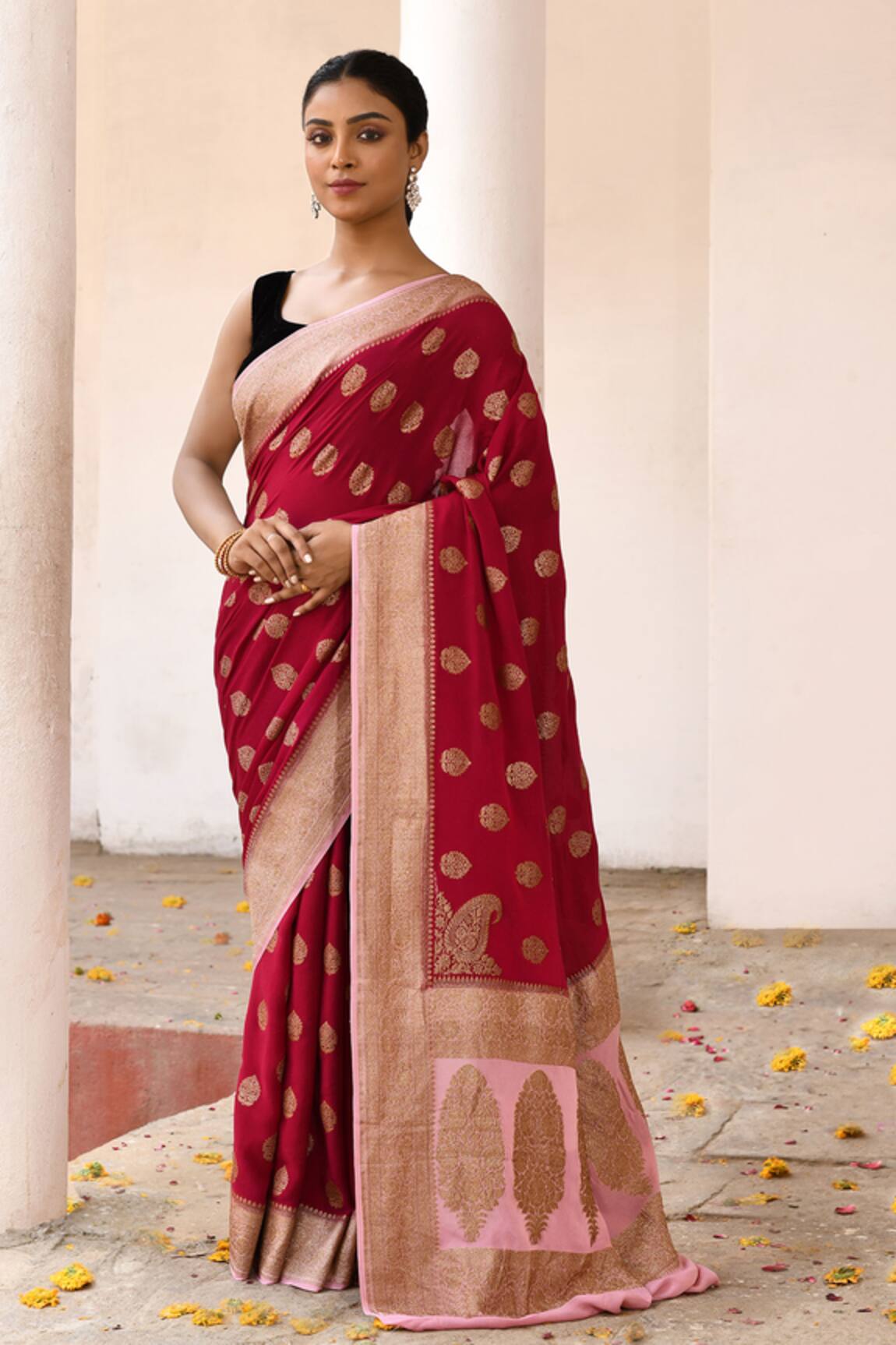 Naaritva India Handwoven Zari Work Red Banarasi Saree With Running Blouse 