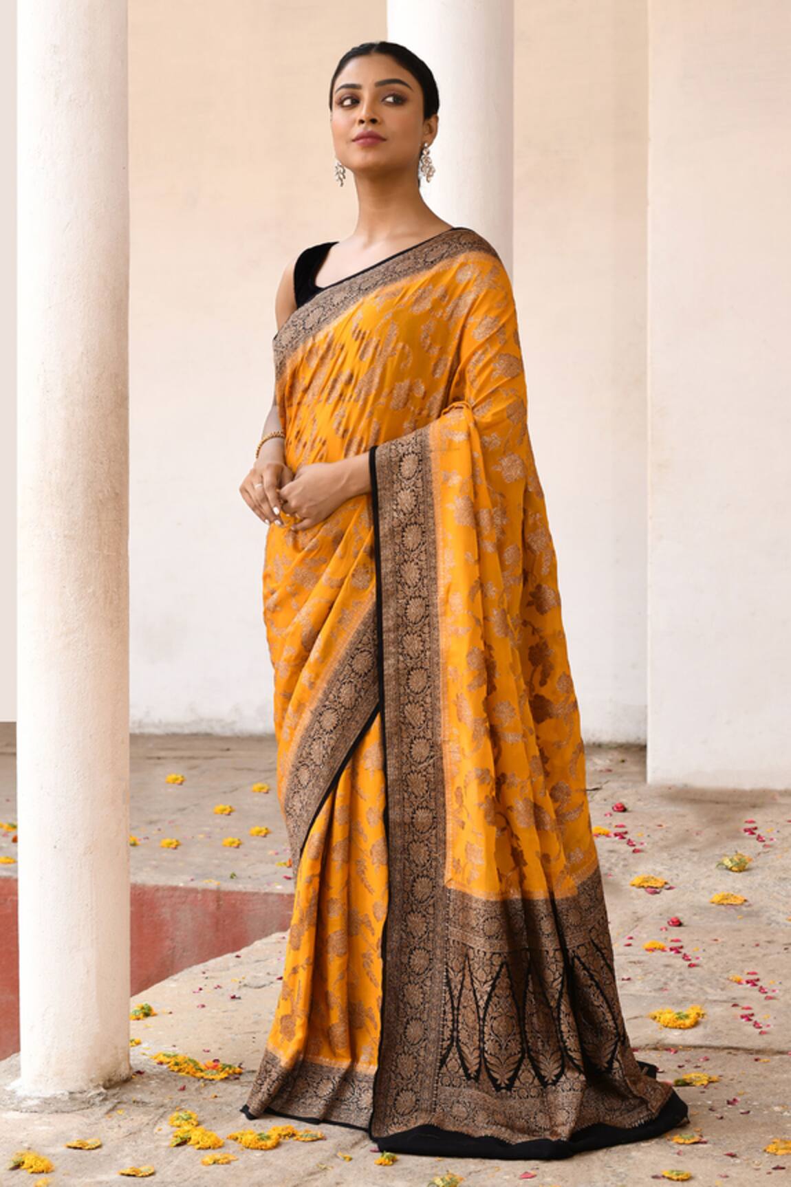 Naaritva India Handwoven Zari Work Yellow Banarasi Saree With Running Blouse 