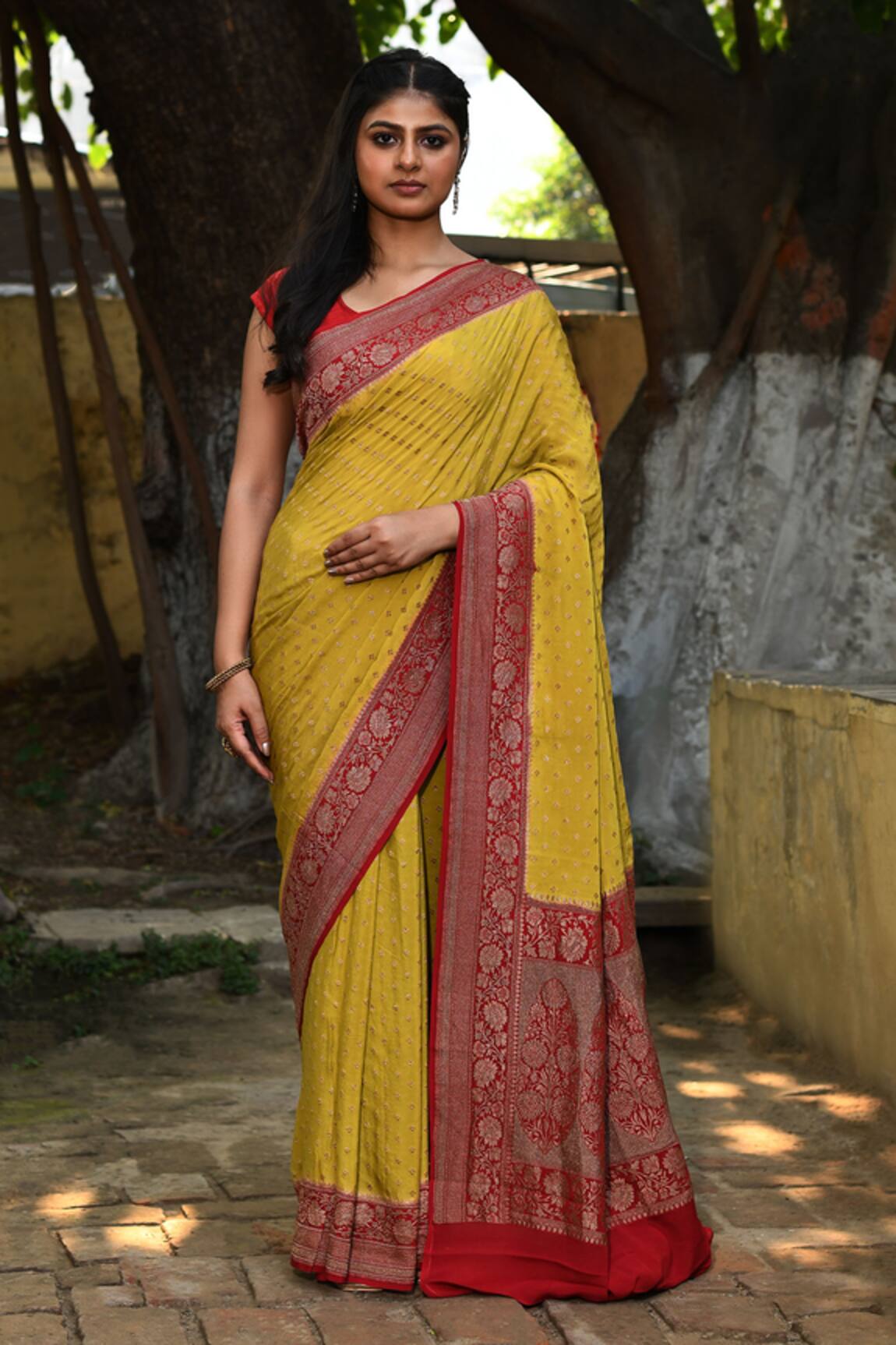 Naaritva India Handwoven Zari Yellow Banarasi Saree With Running Blouse 