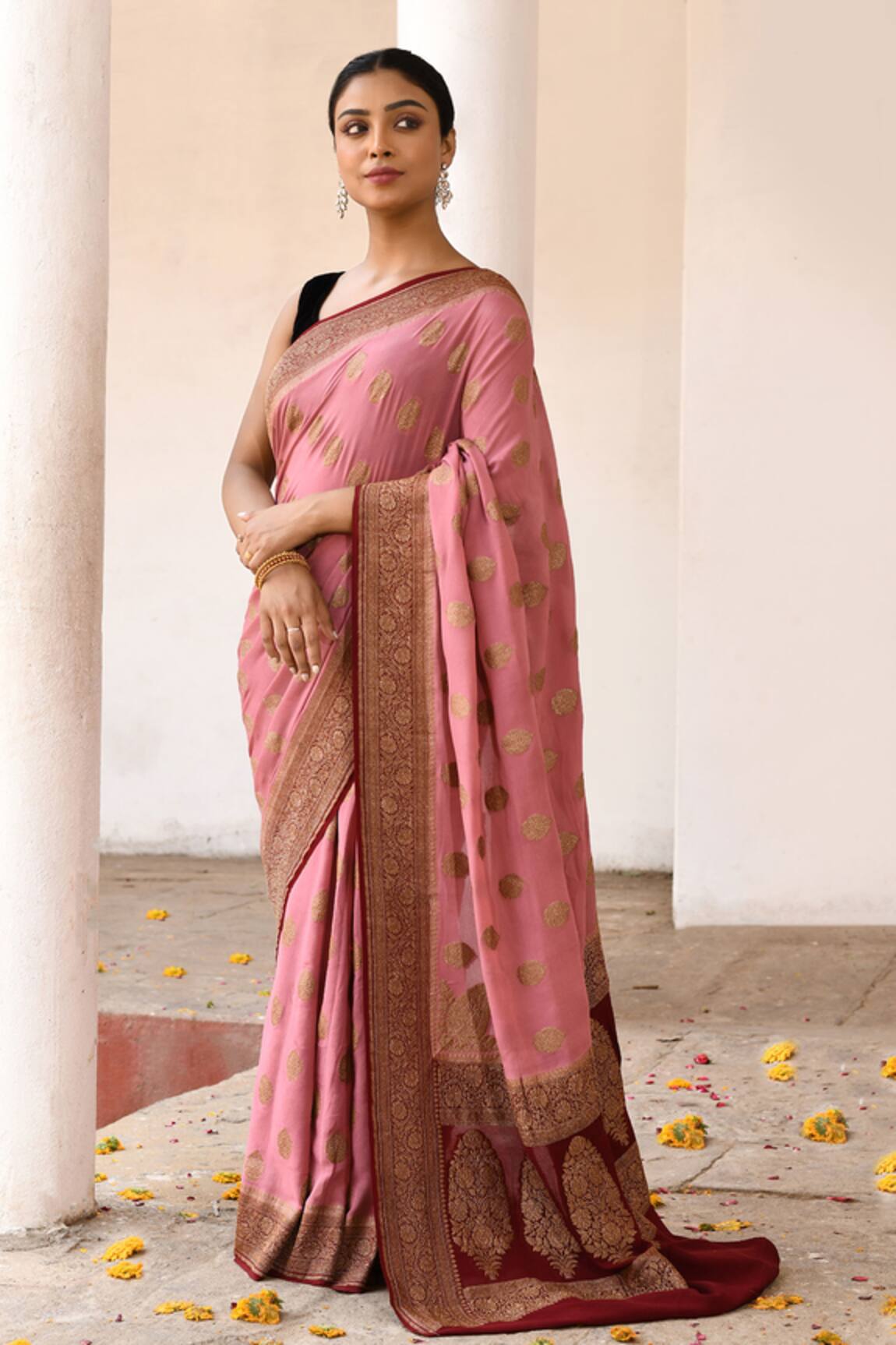 Naaritva India Handwoven Zari Work Pink Banarasi Saree With Running Blouse 