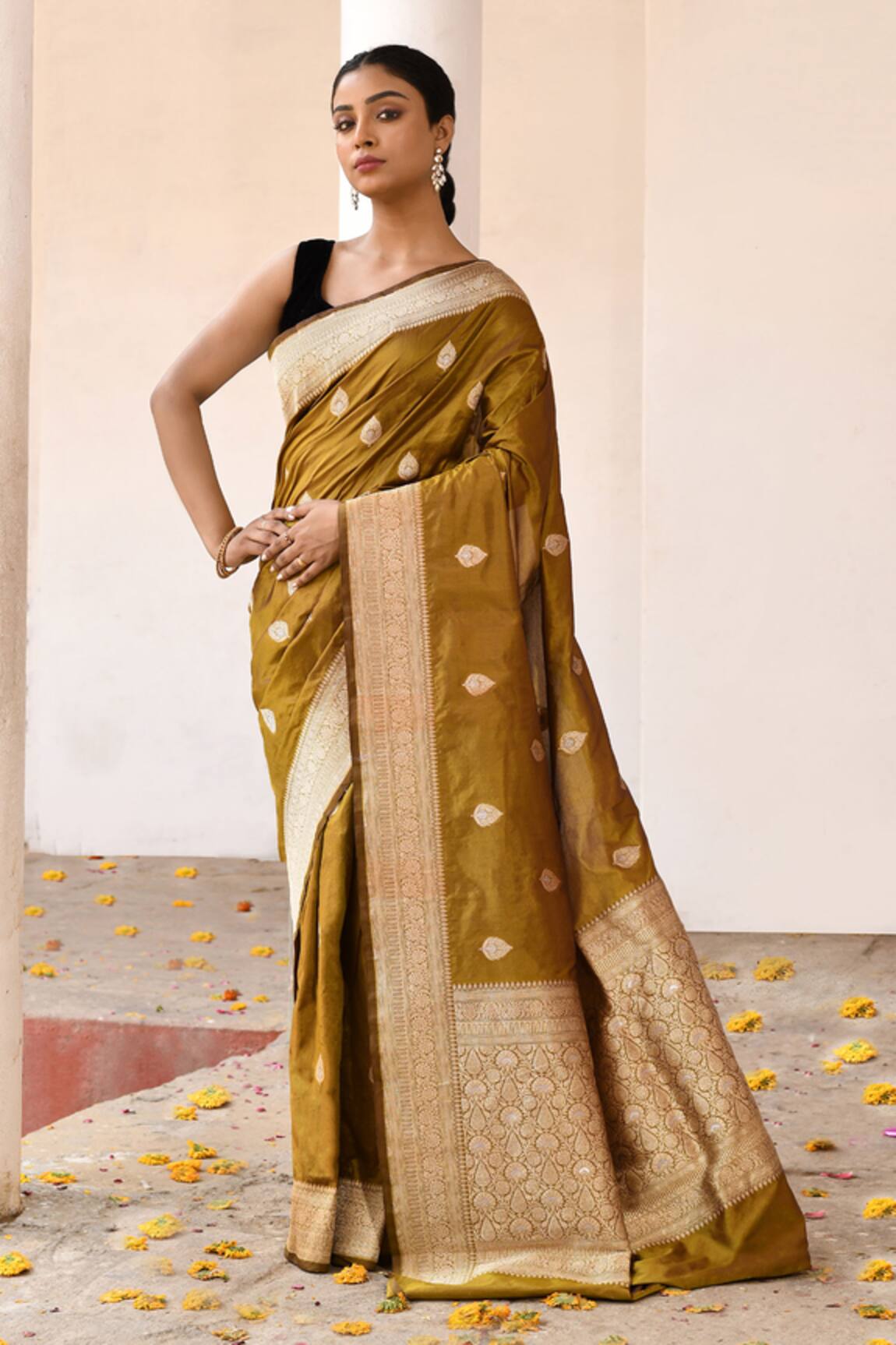 Naaritva India Handwoven Zari Mustard Yellow Banarasi Saree With Running Blouse 