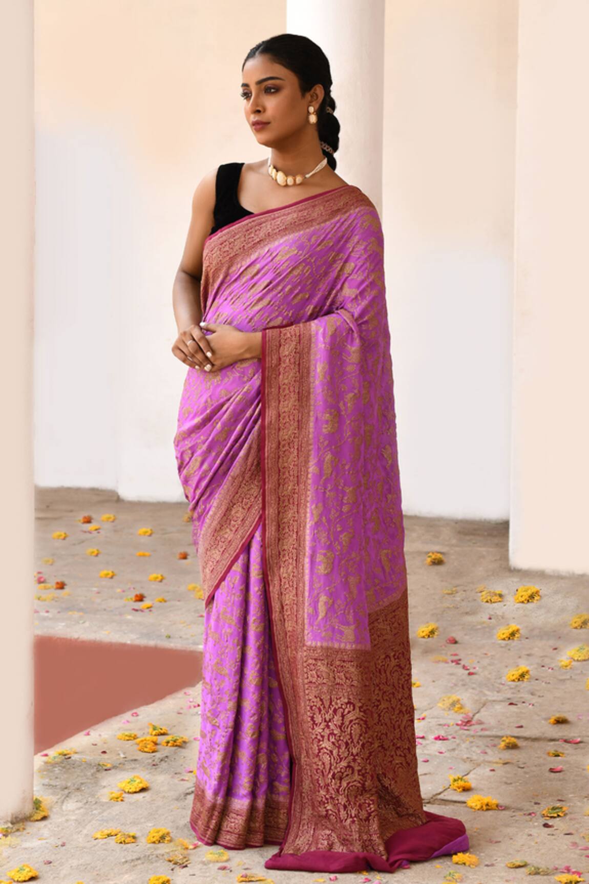 Naaritva India Hot Pink Handwoven Zari Banarasi Saree With Running Blouse 
