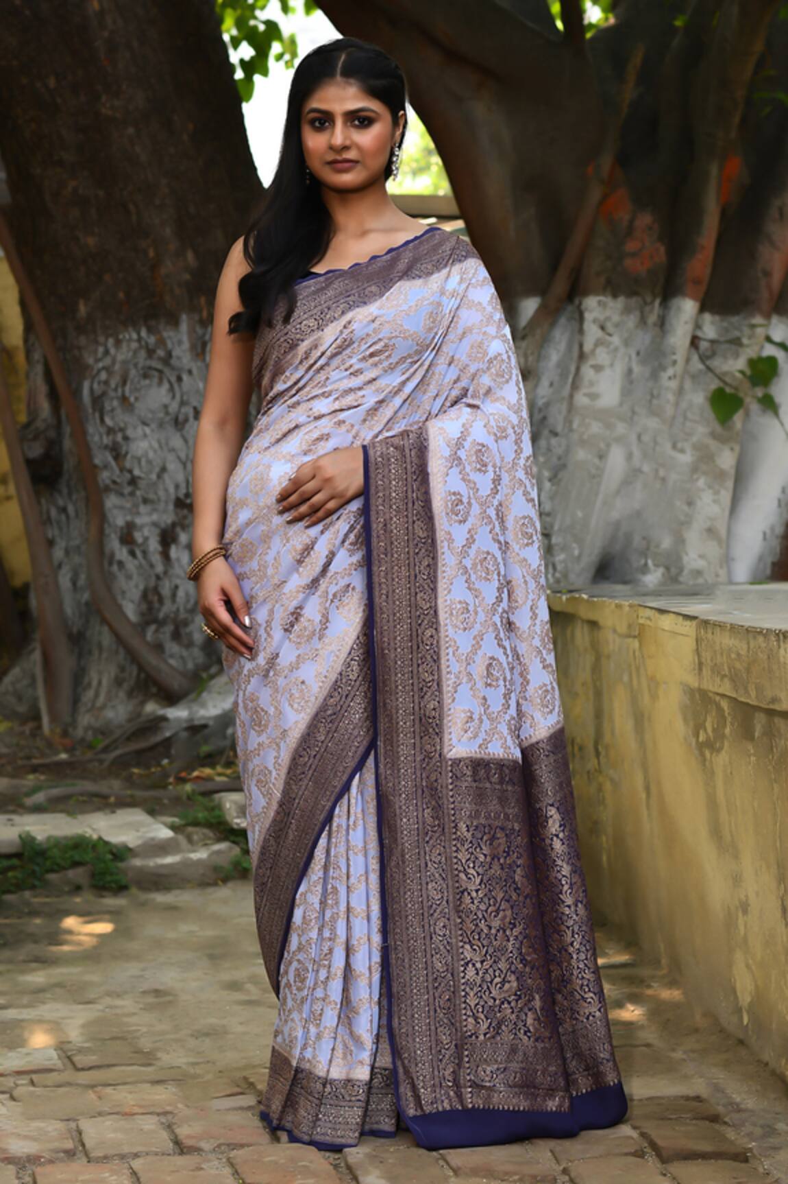 Naaritva India Pastel Blue Handwoven Zari Banarasi Saree With Running Blouse 