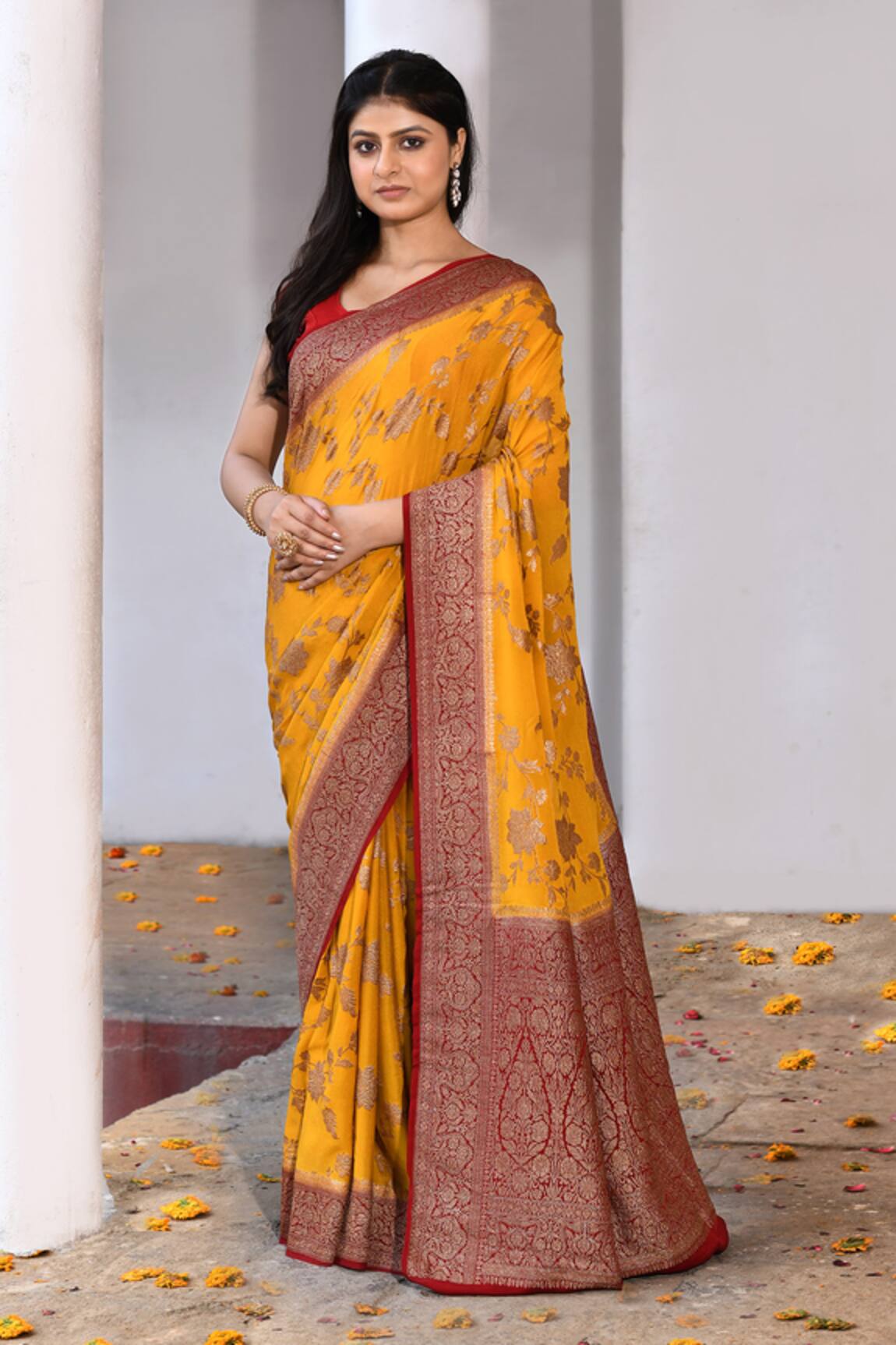Naaritva India Handwoven Zari Work Yellow Banarasi Saree With Running Blouse 