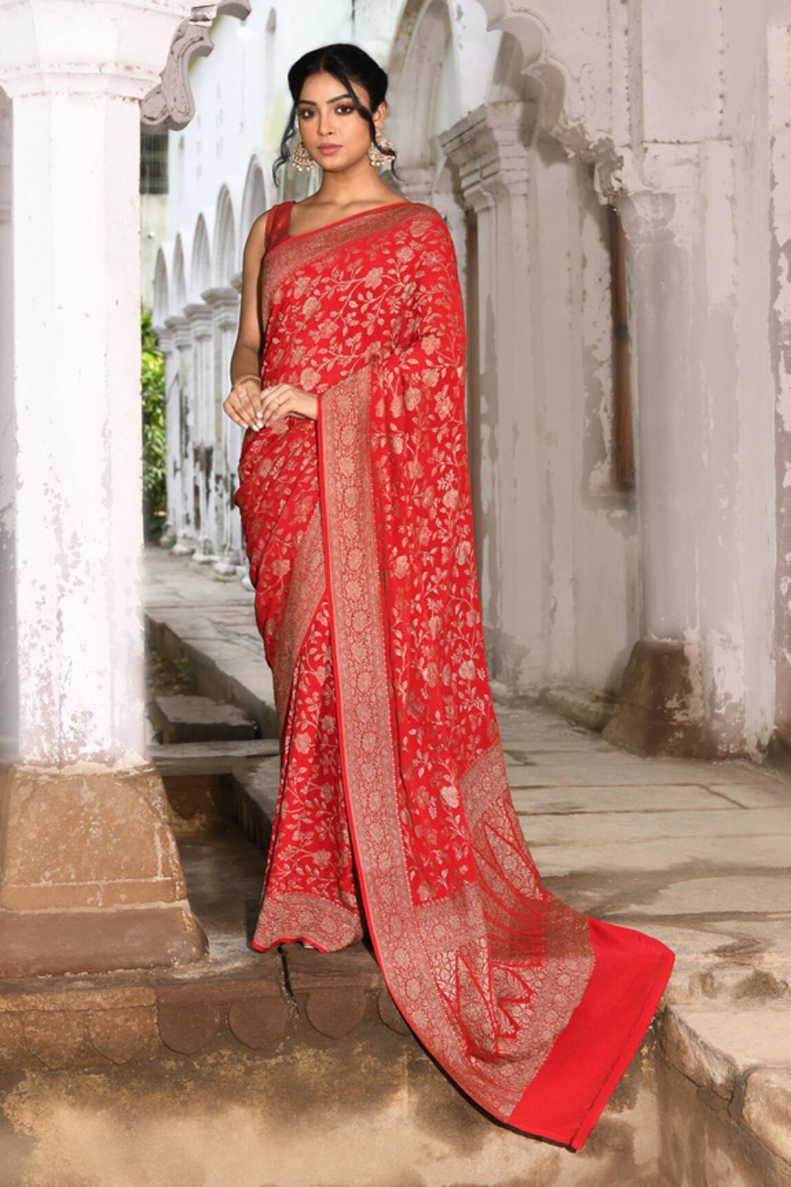 Naaritva India Red Handwoven Zari Banarasi Saree With Running Blouse 