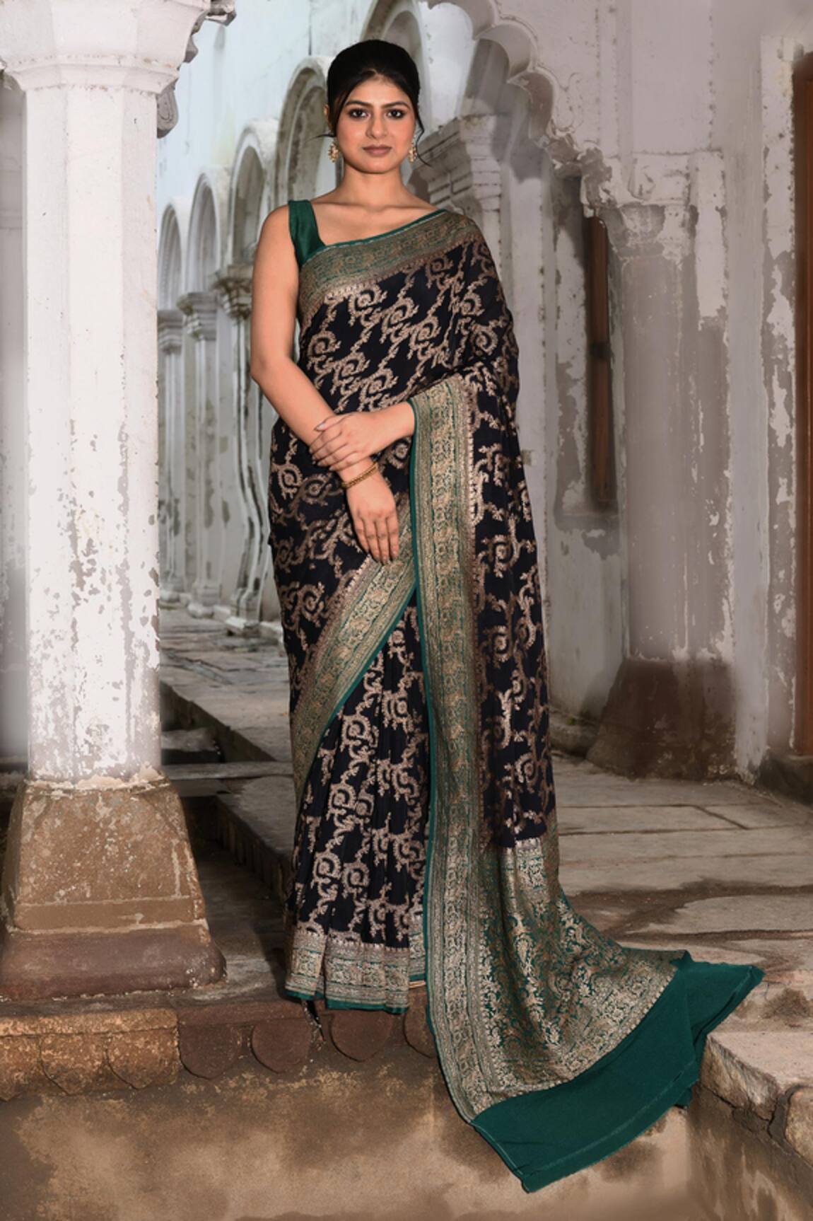 Naaritva India Navy Blue Handwoven Zari Banarasi Saree With Running Blouse 