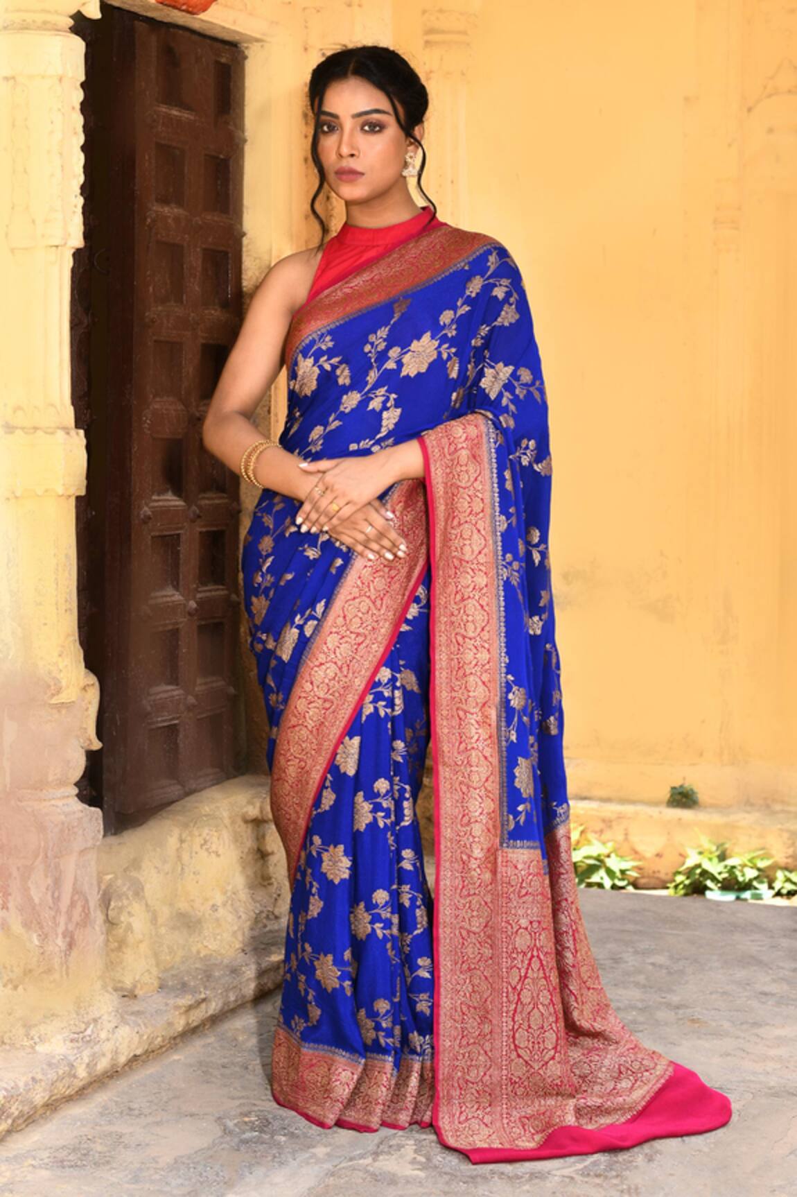 Naaritva India Handwoven Zari Work Ink Blue Banarasi Saree With Running Blouse 