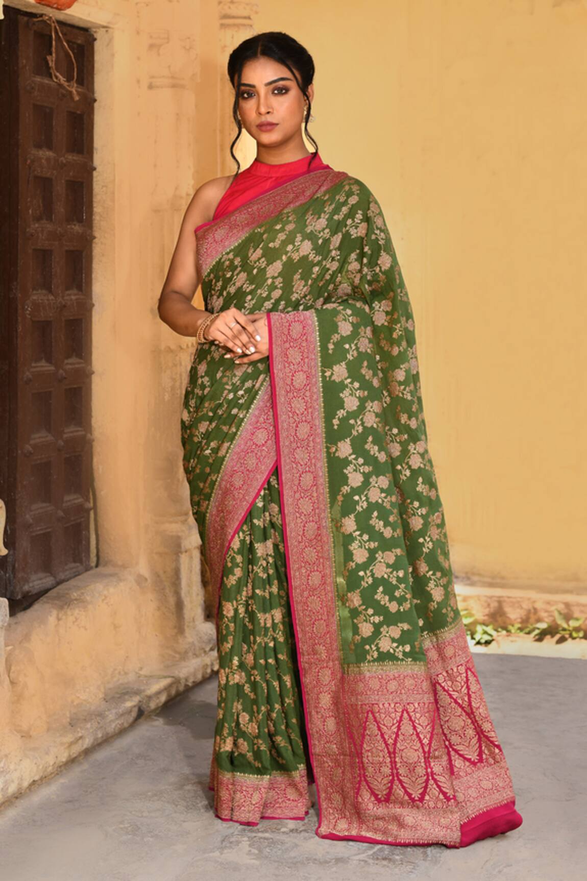 Naaritva India Handwoven Zari Work Green Banarasi Saree With Running Blouse 