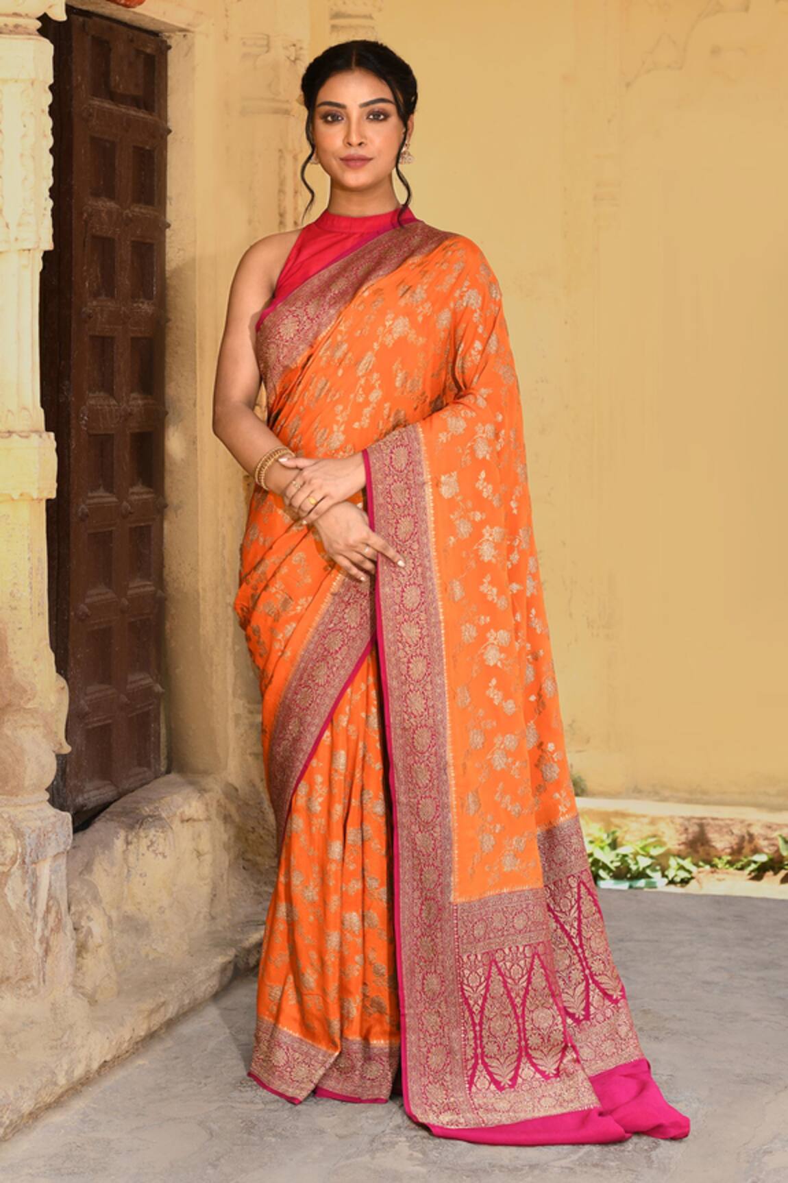 Naaritva India Handwoven Zari Work Orange Banarasi Saree With Running Blouse 