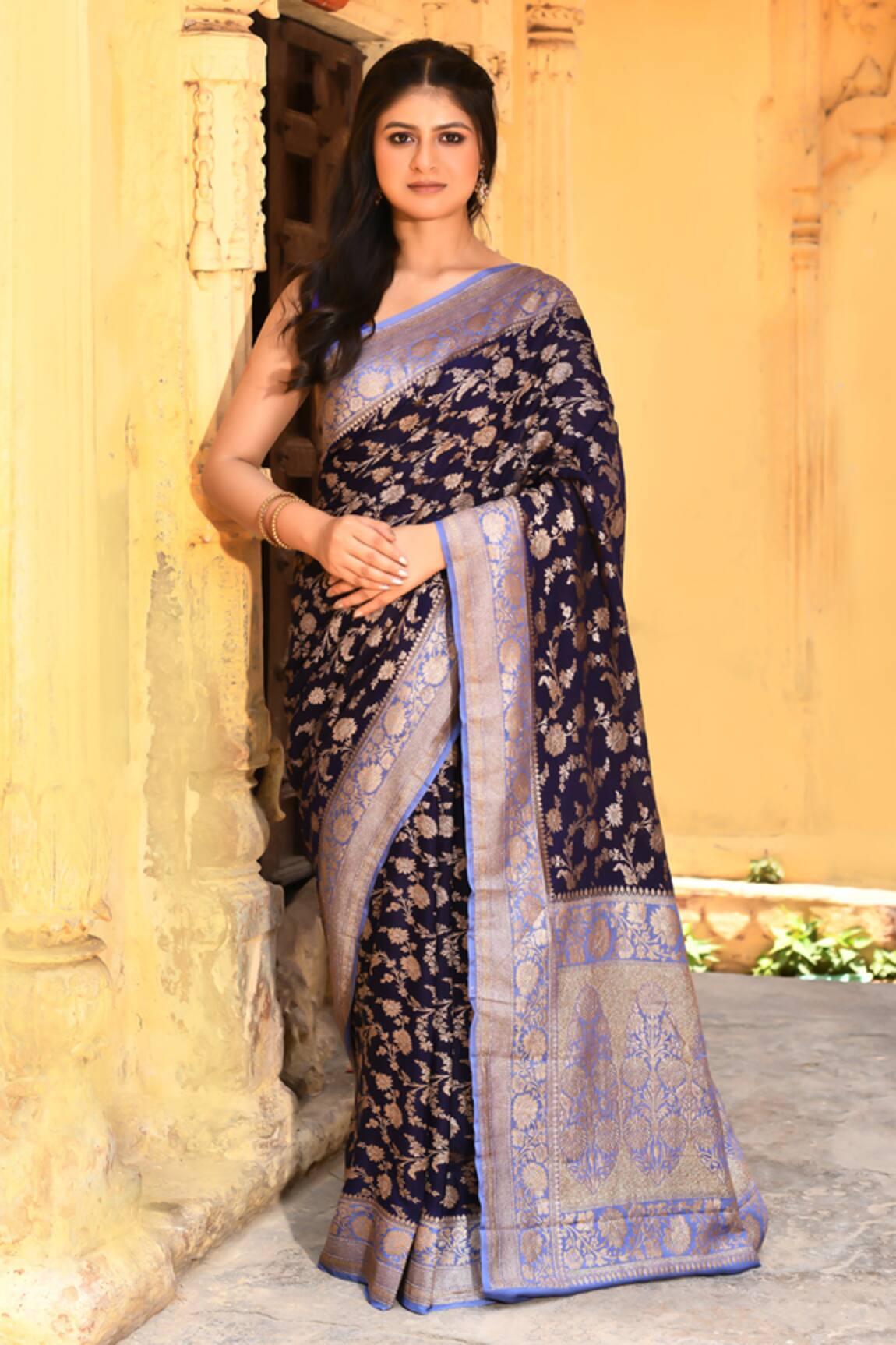 Naaritva India Navy Blue Handwoven Zari Banarasi Saree With Running Blouse 