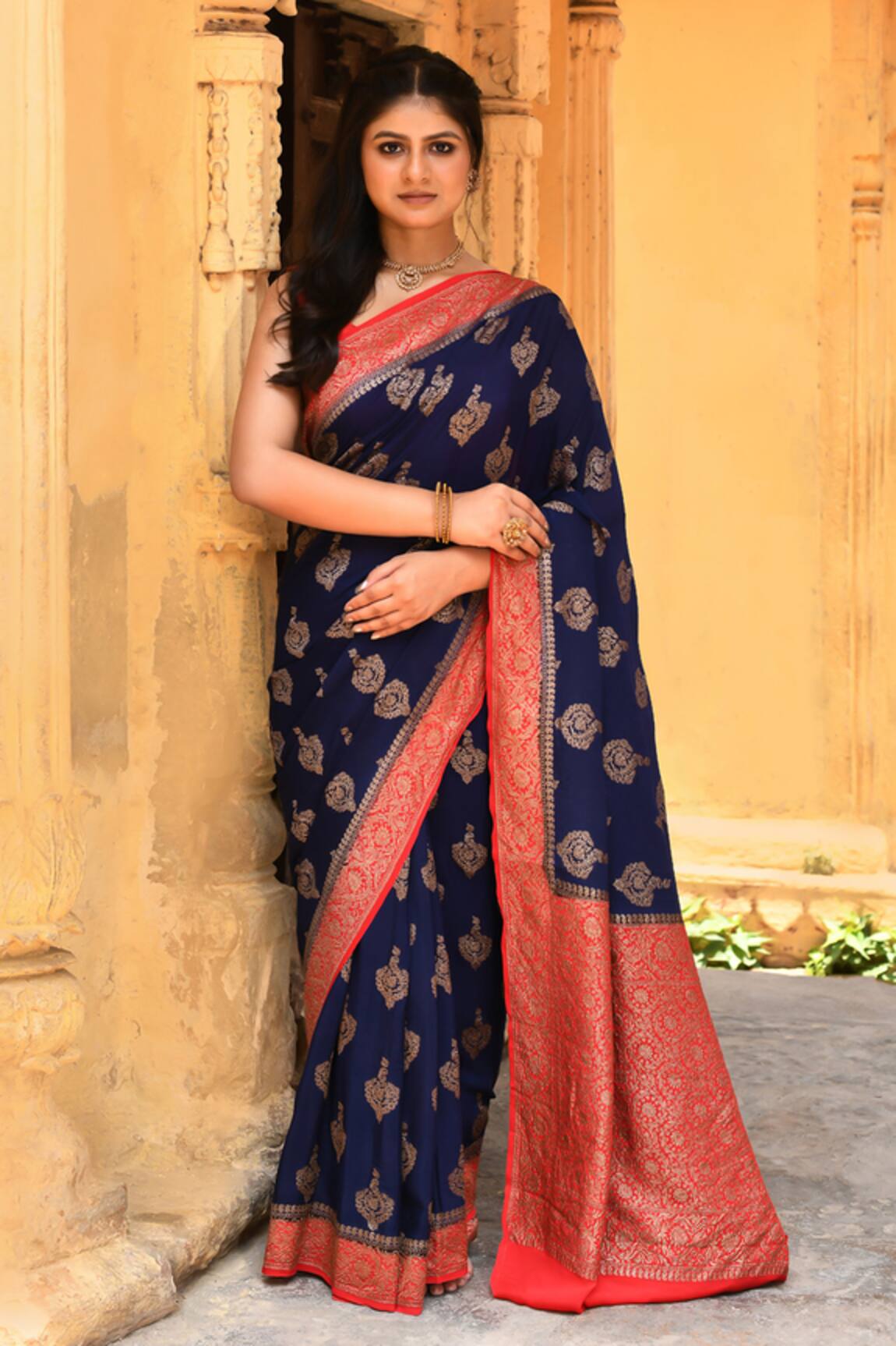 Naaritva India Navy Blue Handwoven Zari Banarasi Saree With Running Blouse 