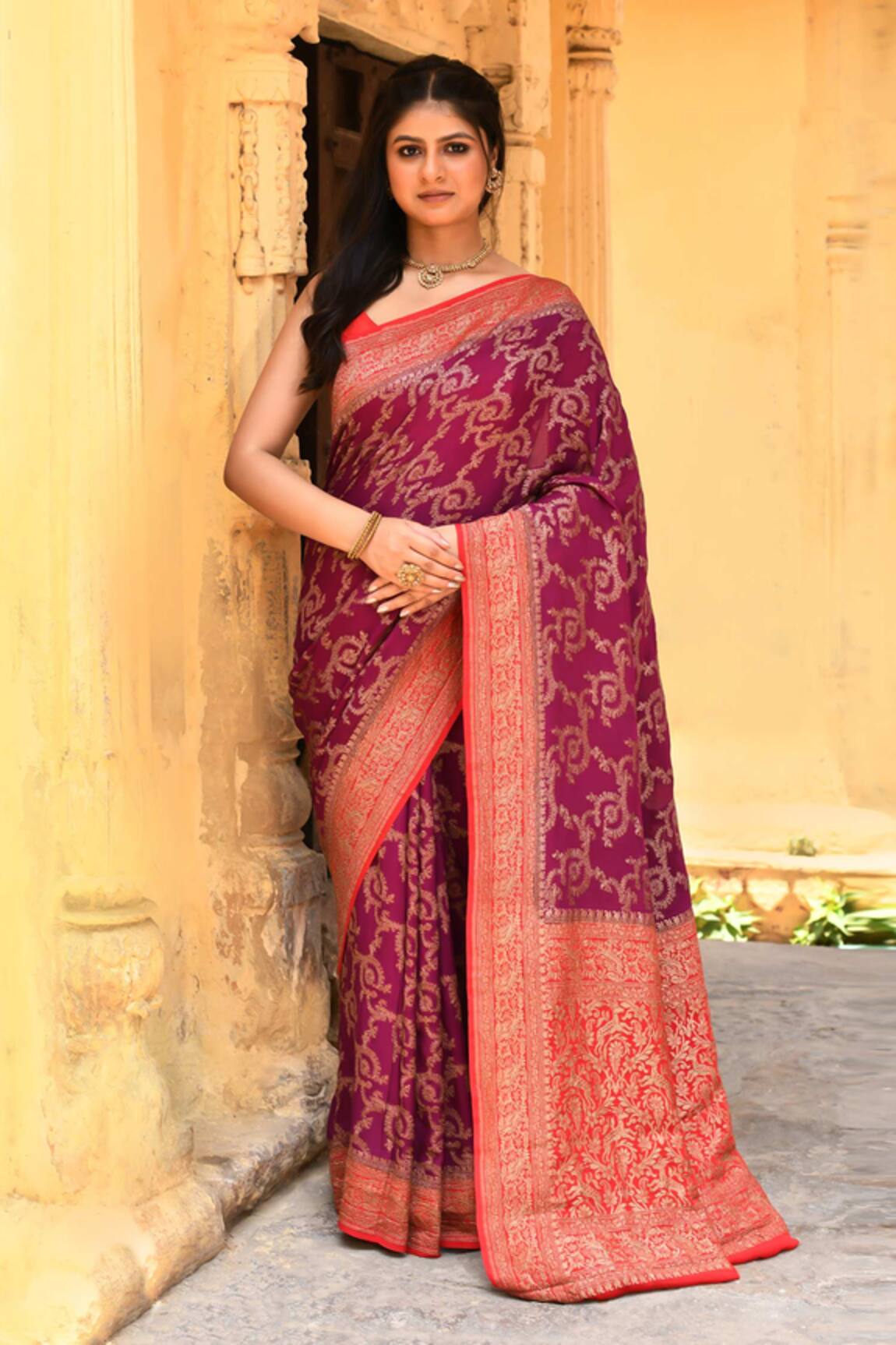 Naaritva India Handwoven Zari Work Hot Pink Banarasi Saree With Running Blouse 