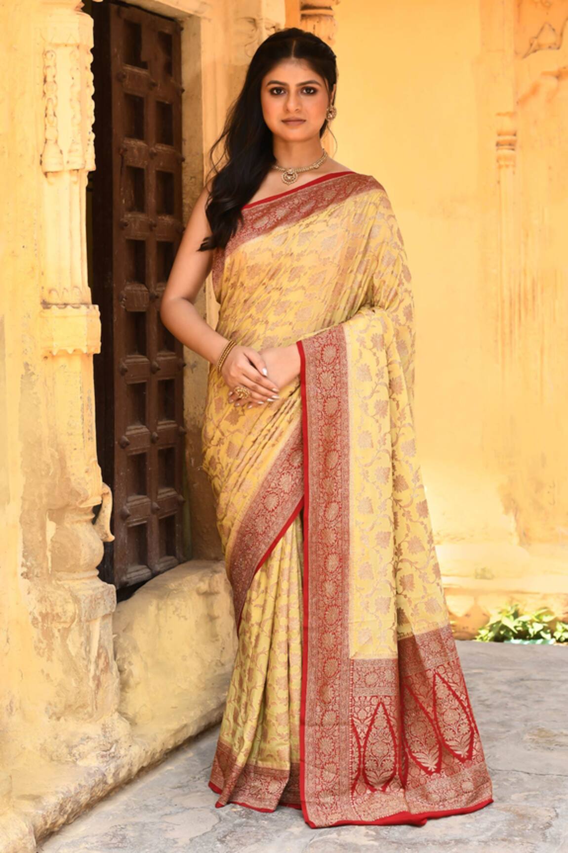 Naaritva India Yellow Handwoven Zari Banarasi Saree With Running Blouse 