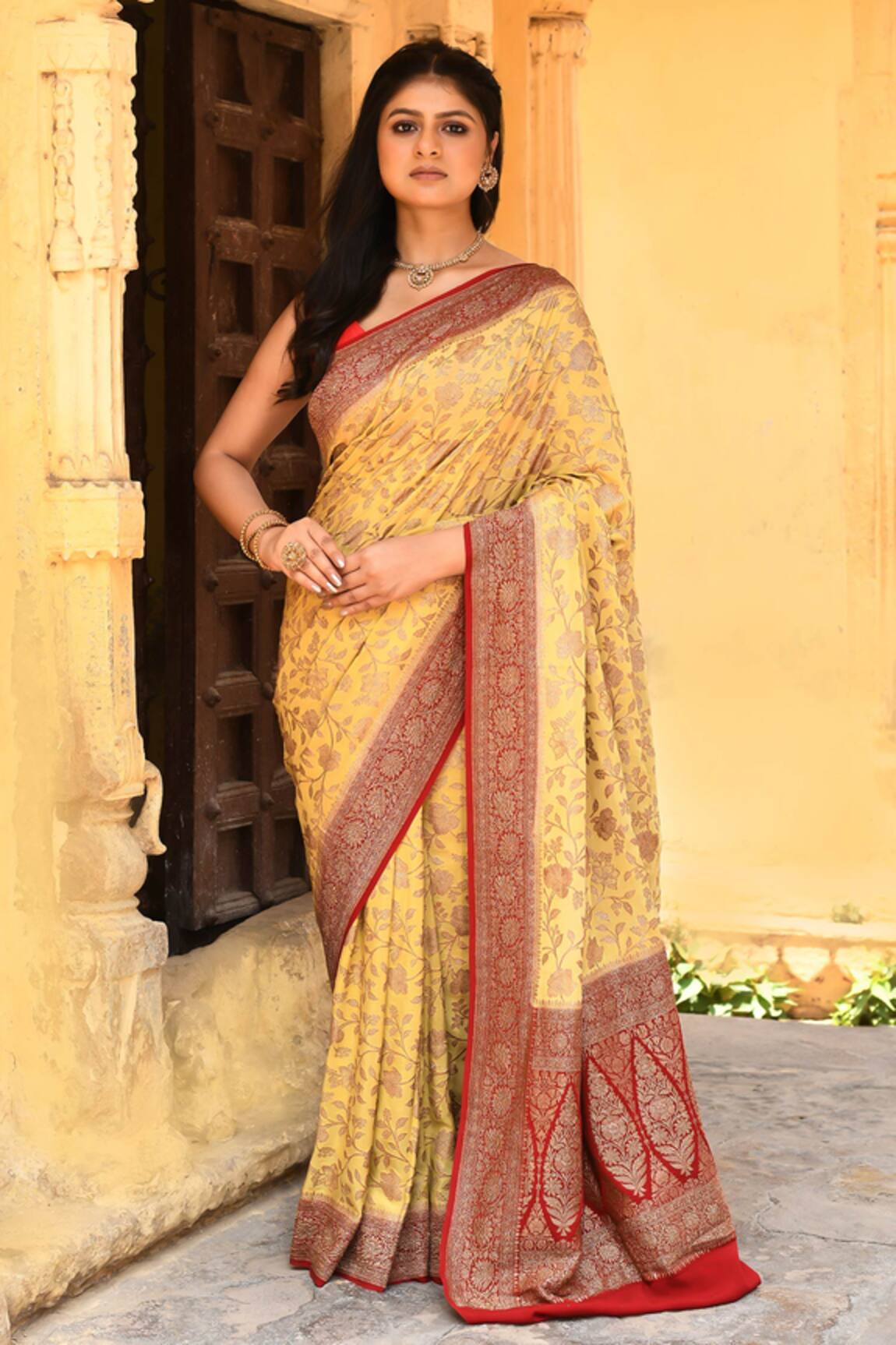 Naaritva India Handwoven Zari Work Yellow Banarasi Saree With Running Blouse 