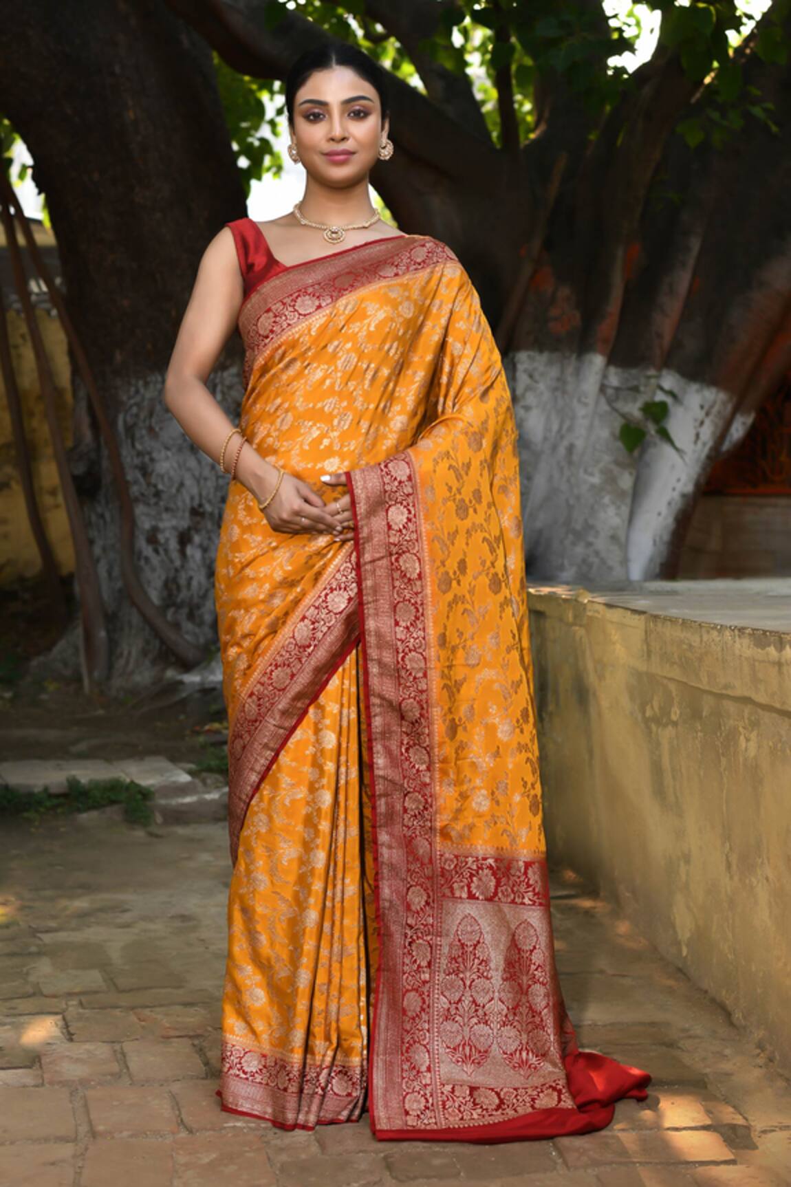 Naaritva India Handwoven Zari Work Orange Banarasi Saree With Running Blouse 