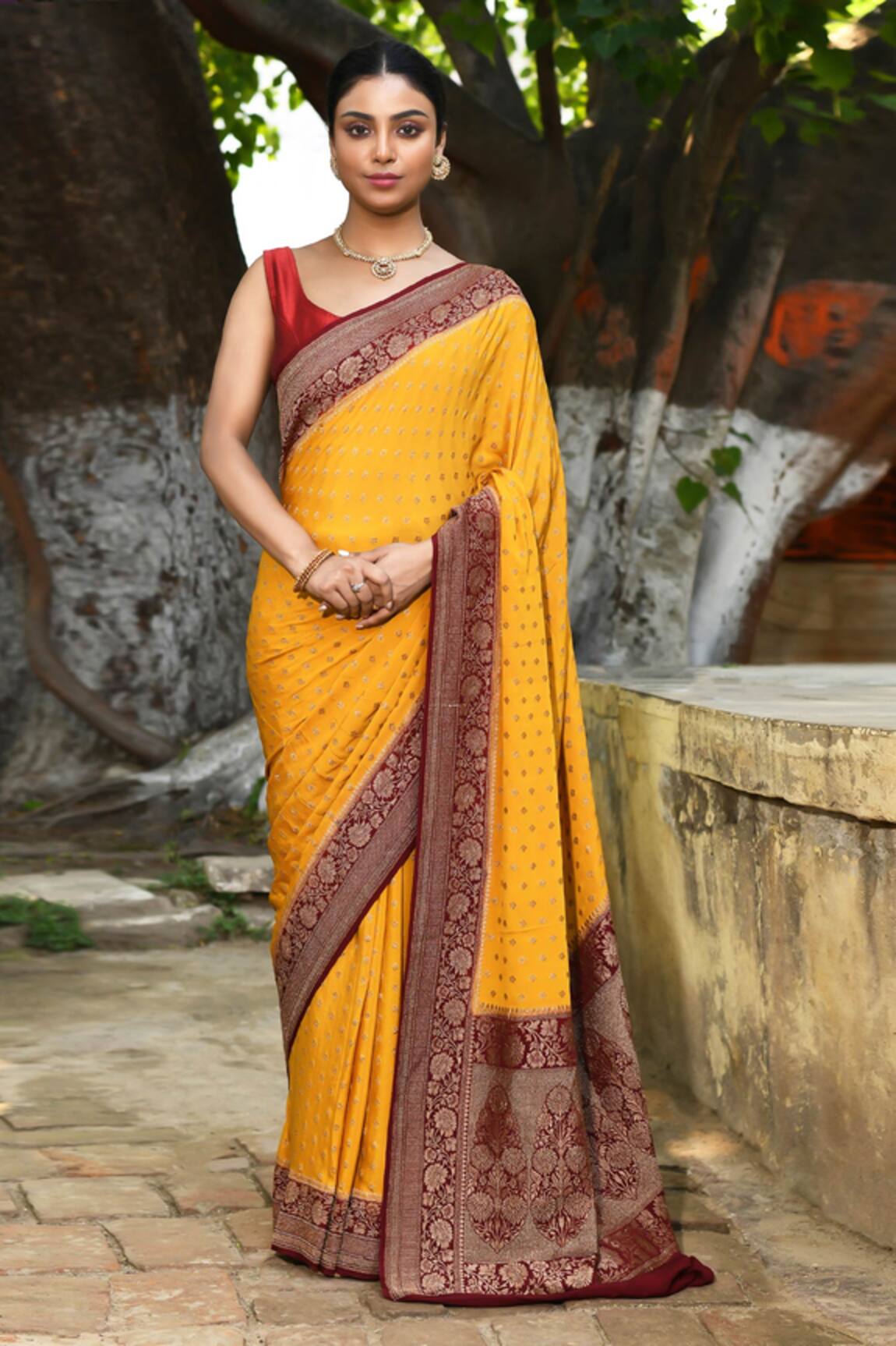 Naaritva India Handwoven Zari Work Yellow Banarasi Saree With Running Blouse 