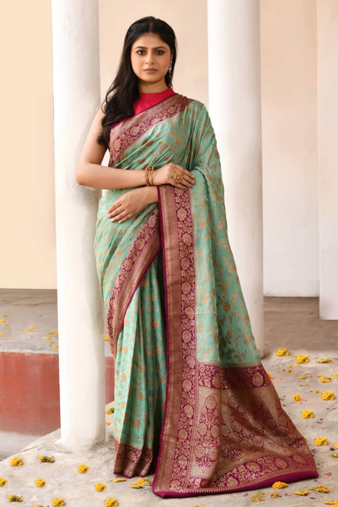 Naaritva India Aqua Green Handwoven Zari Banarasi Saree With Running Blouse 