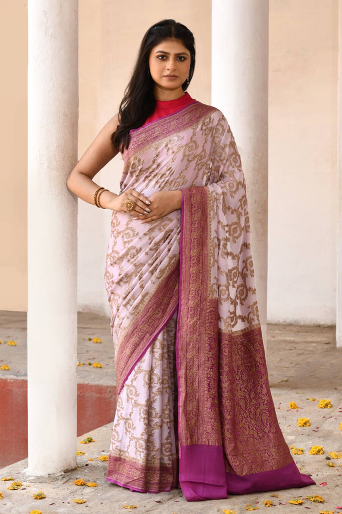 Naaritva India Handwoven Zari Work Purple Banarasi Saree With Running Blouse 