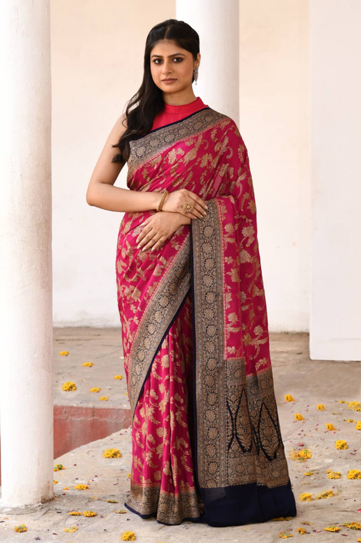 Naaritva India Handwoven Zari Work Hot Pink Banarasi Saree With Running Blouse 