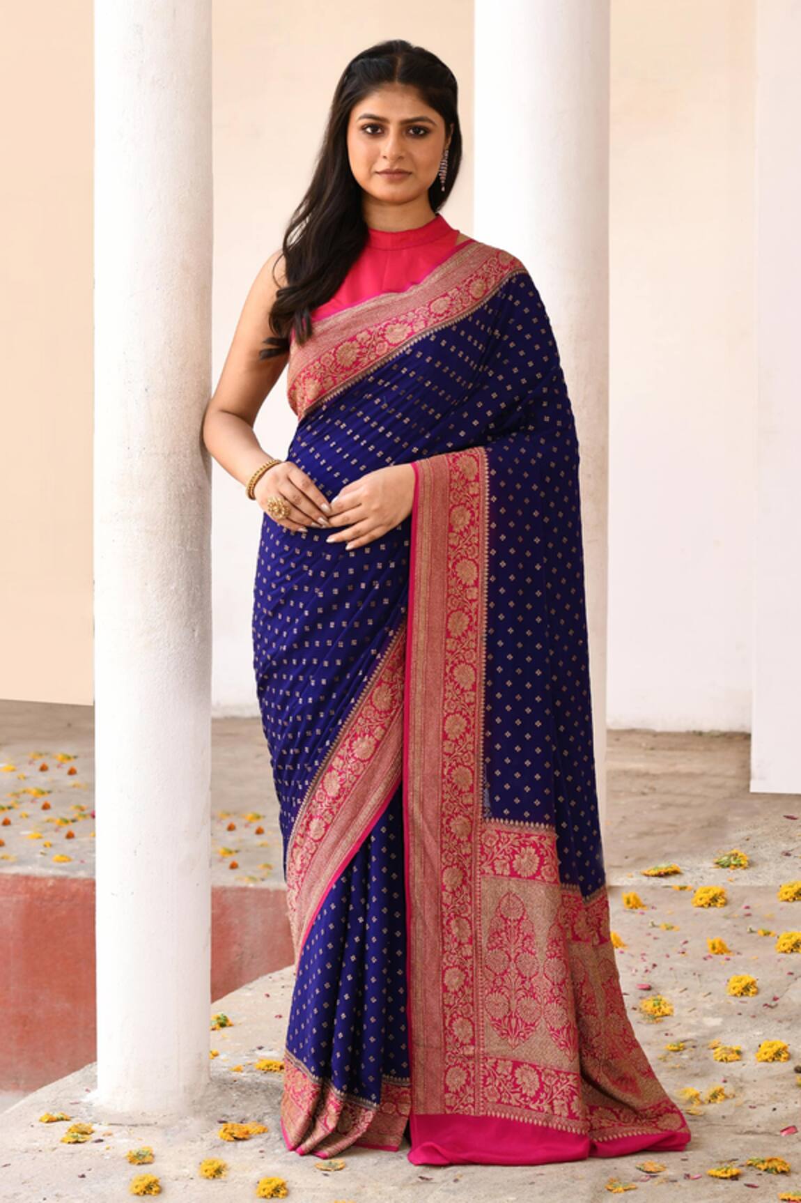 Naaritva India Navy Blue Handwoven Zari Banarasi Saree With Running Blouse 