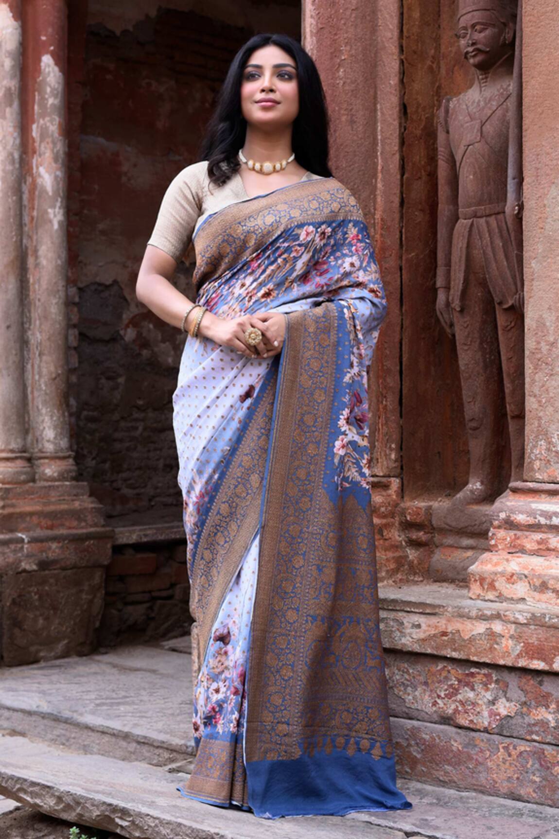 Naaritva India Dusky Blue Handwoven Zari Banarasi Saree With Running Blouse 